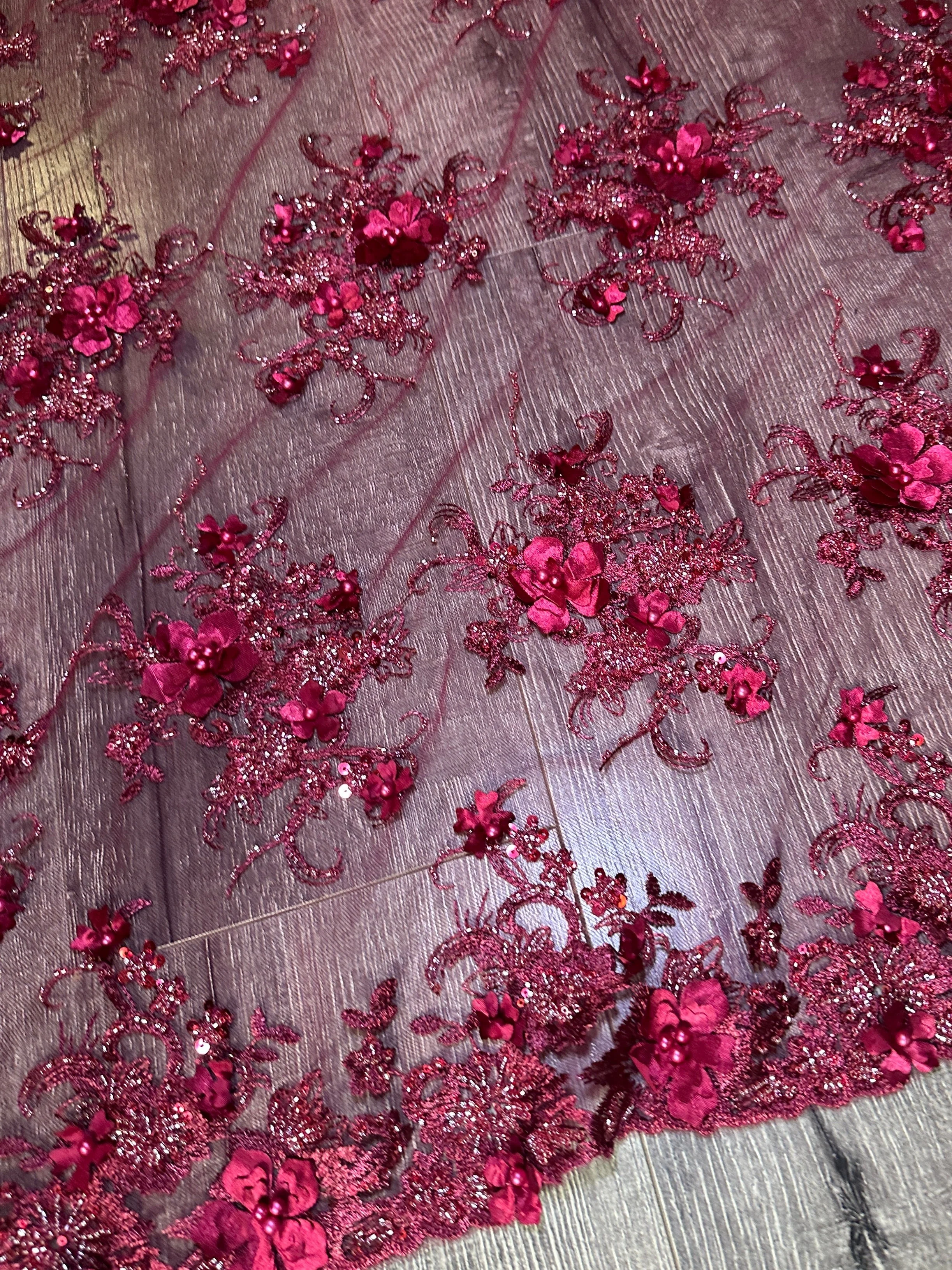 Burgundy 3D Floral Embroidered Beaded Tulle Lace - Image 8