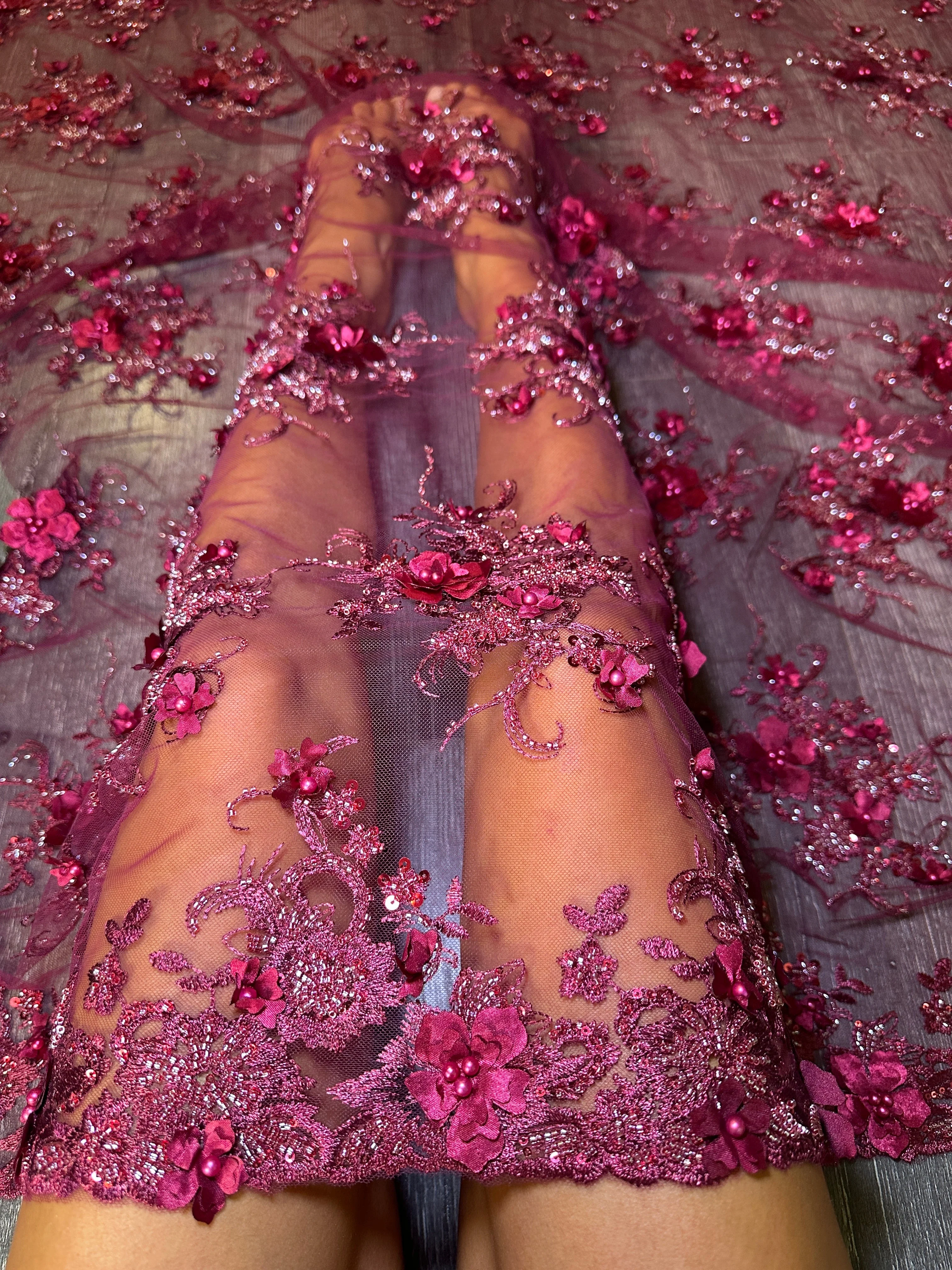 Burgundy 3D Floral Embroidered Beaded Tulle Lace - Image 9