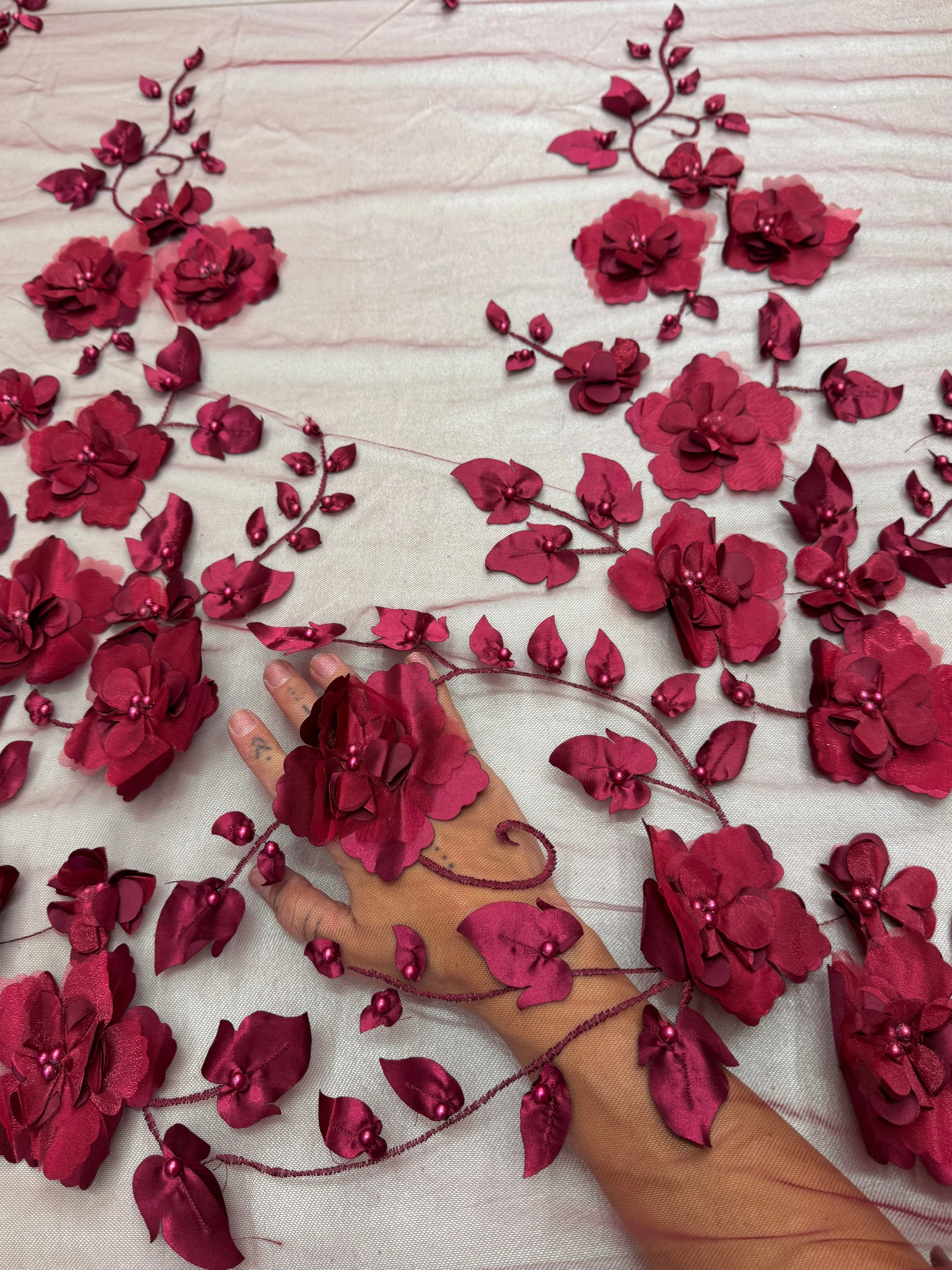 Burgundy 3D Flower Beaded Lace Mesh