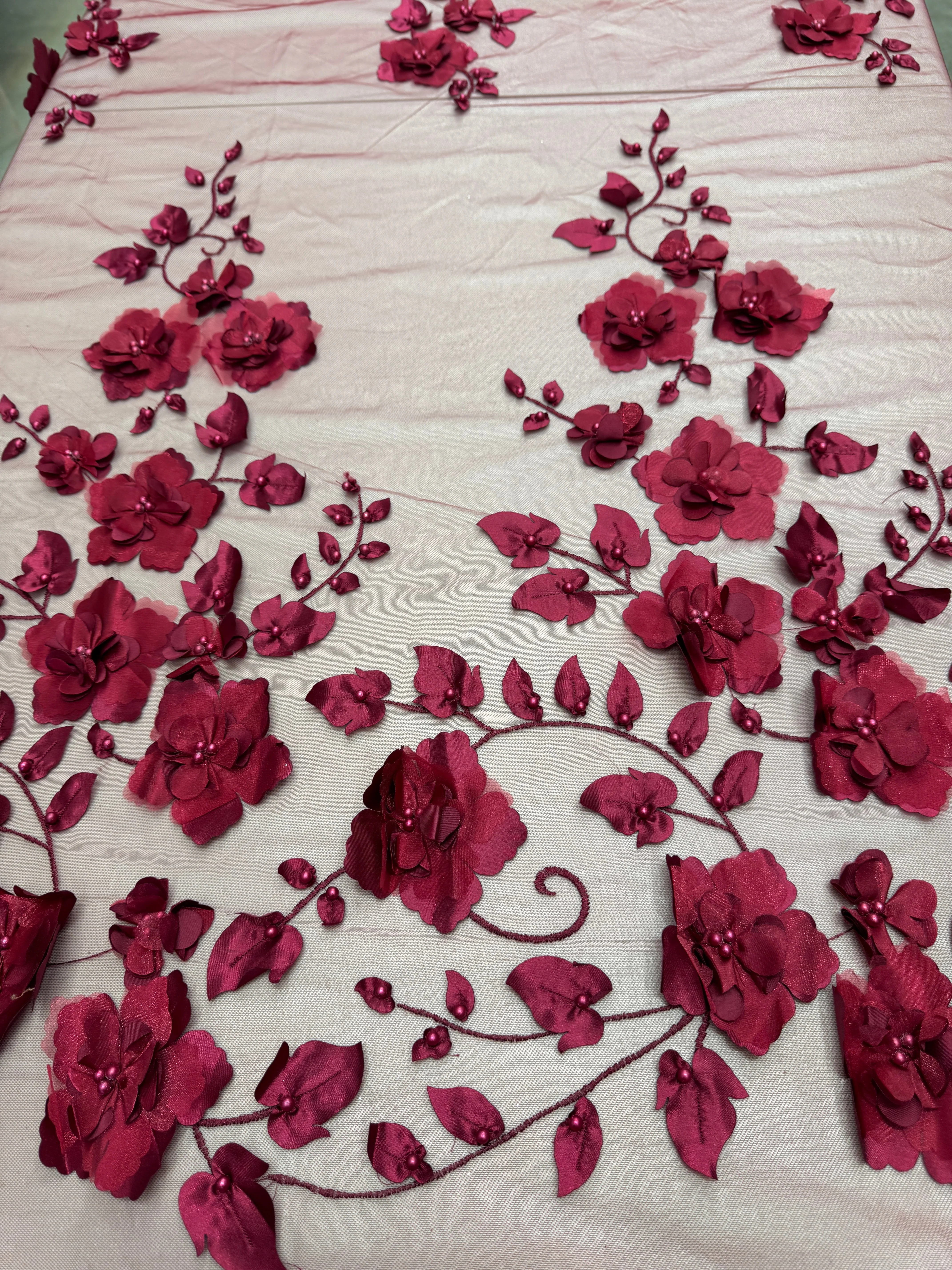 Burgundy 3D Flower Beaded Lace Mesh - Image 3