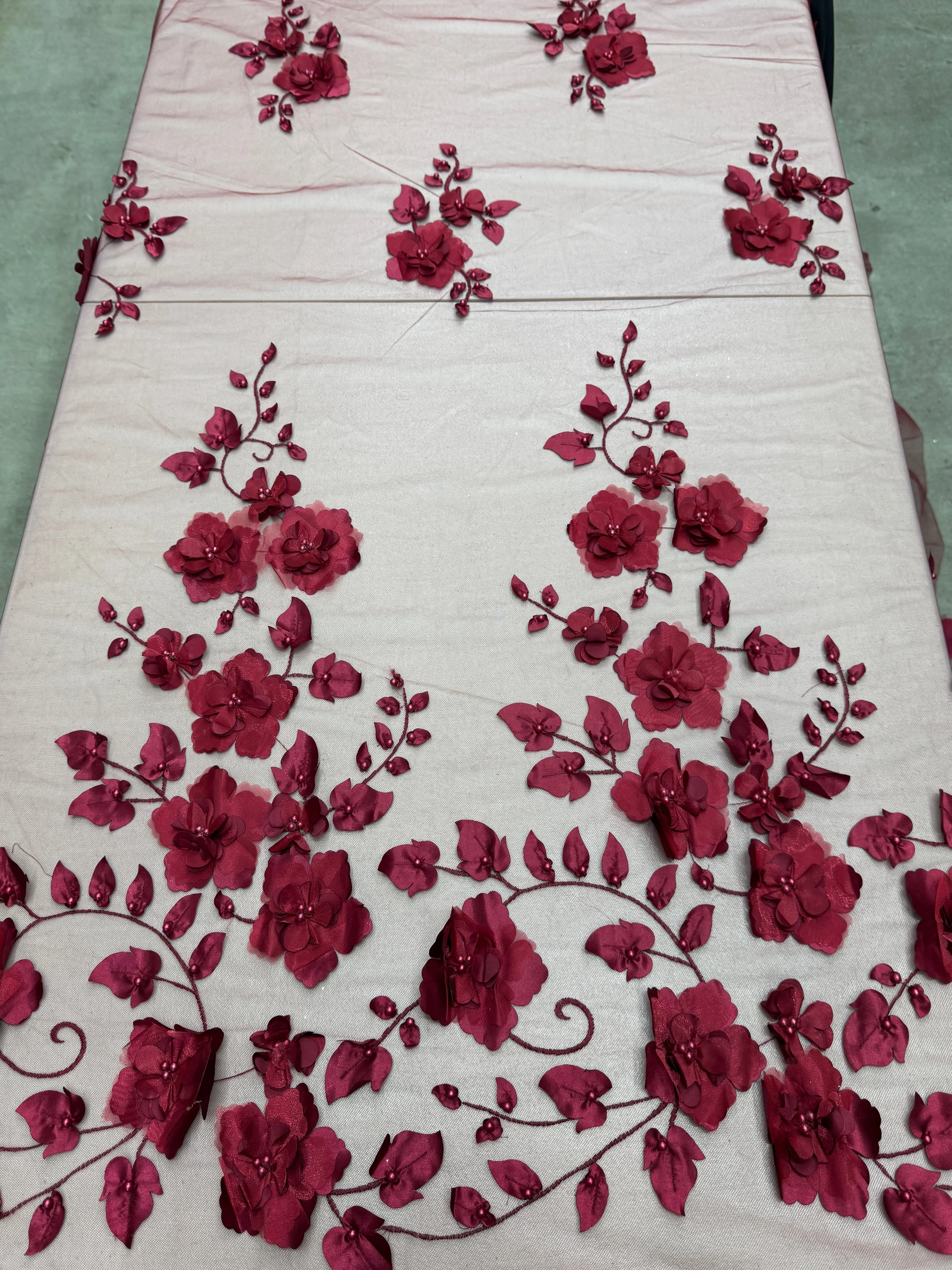 Burgundy 3D Flower Beaded Lace Mesh - Image 4