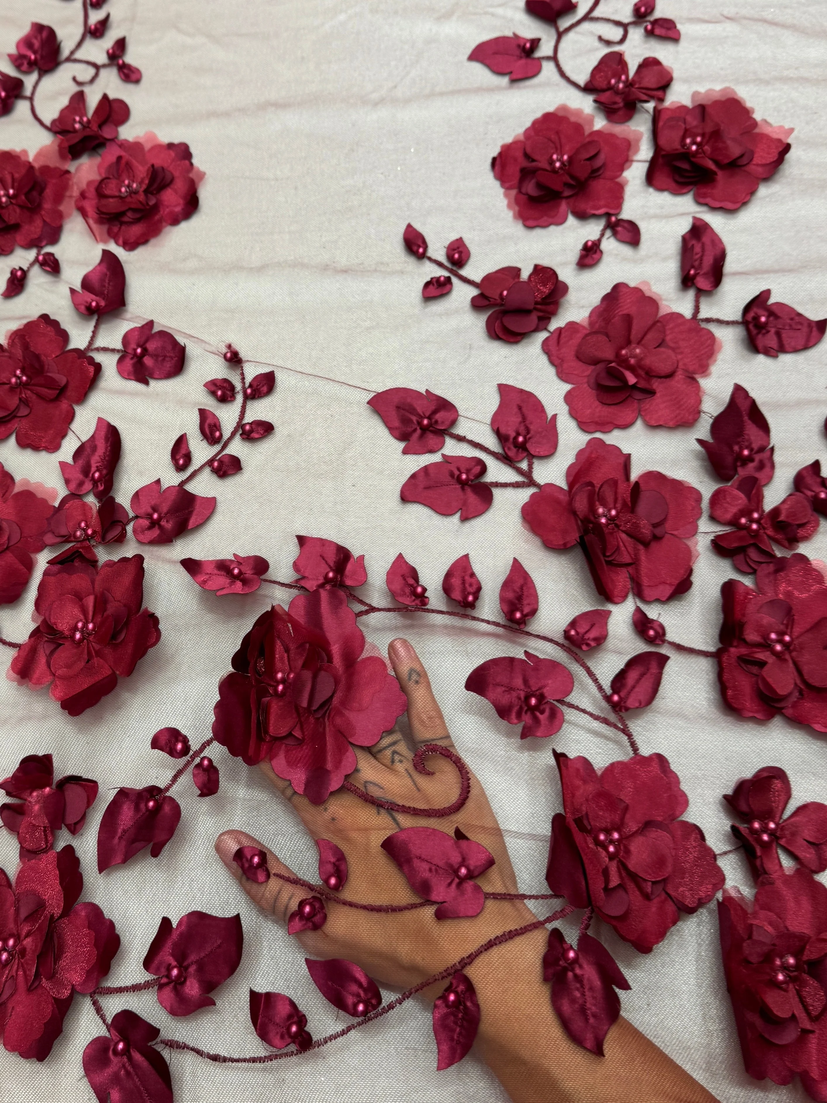 Burgundy 3D Flower Beaded Lace Mesh - Image 5