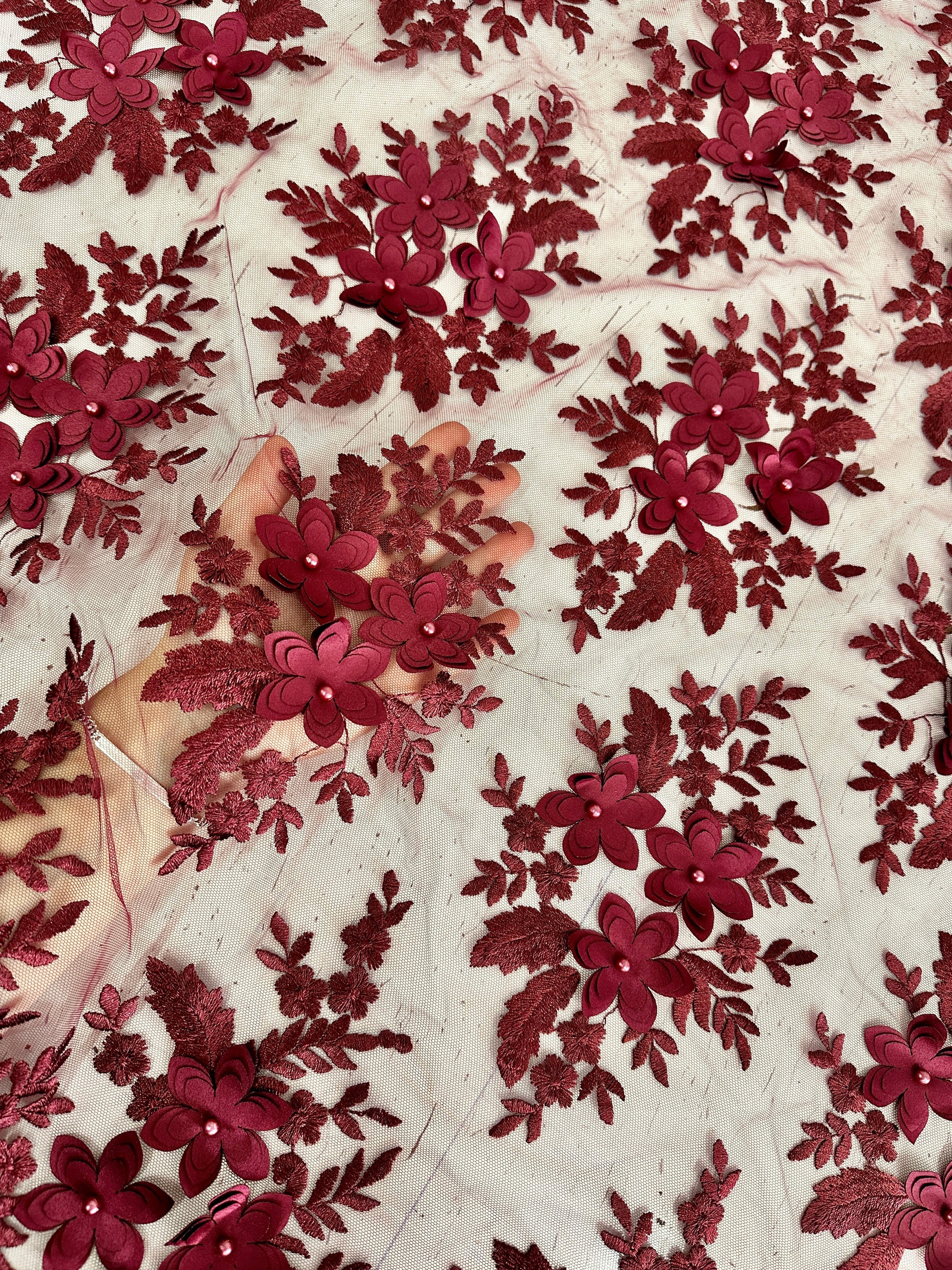 Burgundy 3D Flower Scalloped Mesh Lace