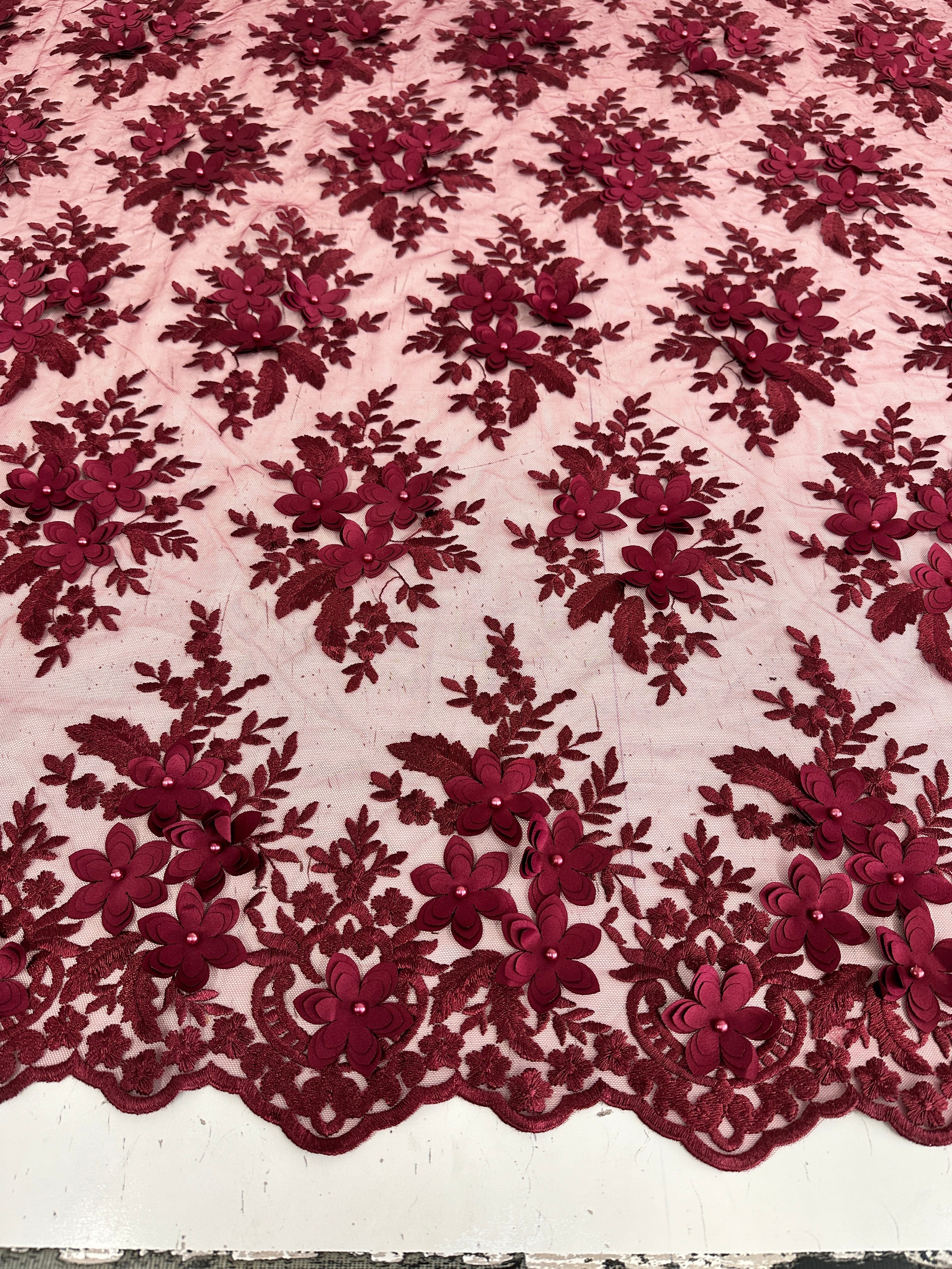 Burgundy 3D Flower Scalloped Mesh Lace - Image 2