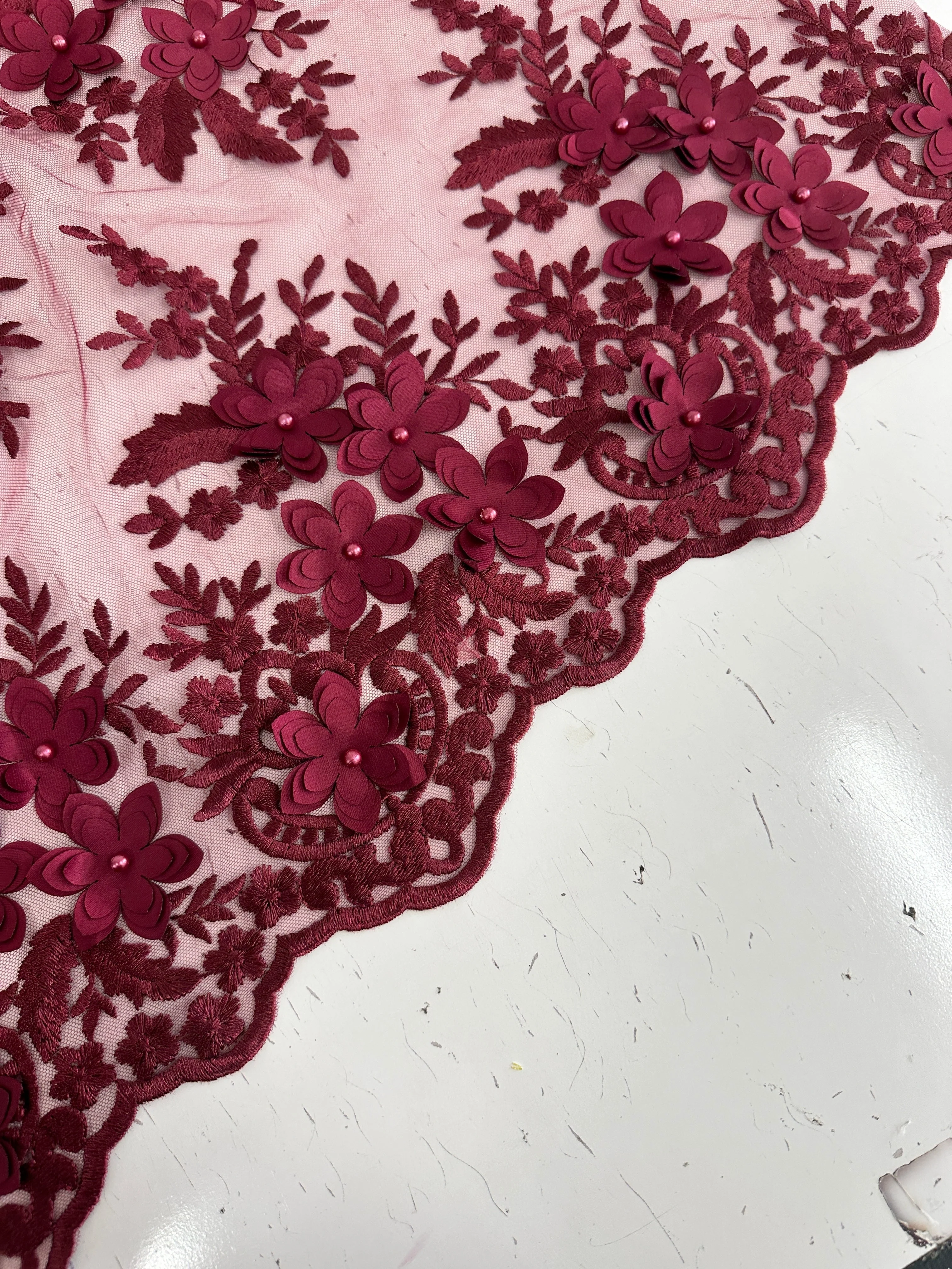 Burgundy 3D Flower Scalloped Mesh Lace - Image 3