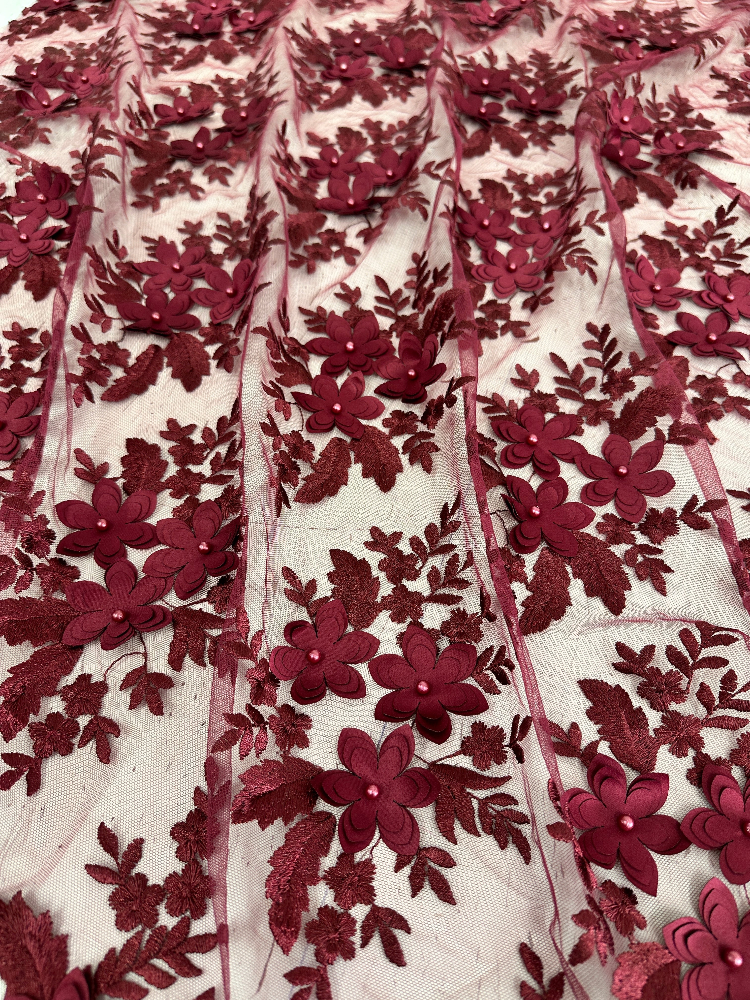 Burgundy 3D Flower Scalloped Mesh Lace - Image 4