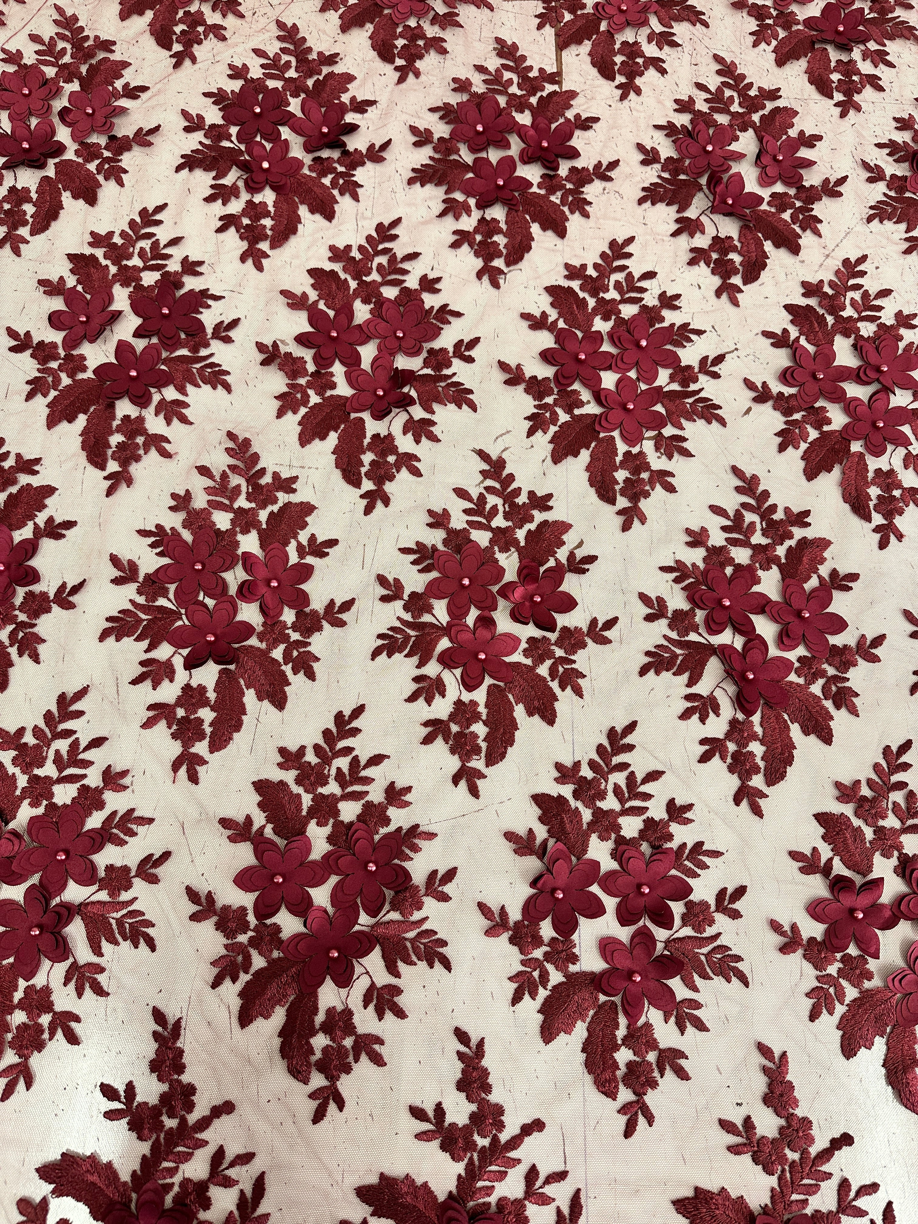 Burgundy 3D Flower Scalloped Mesh Lace - Image 5