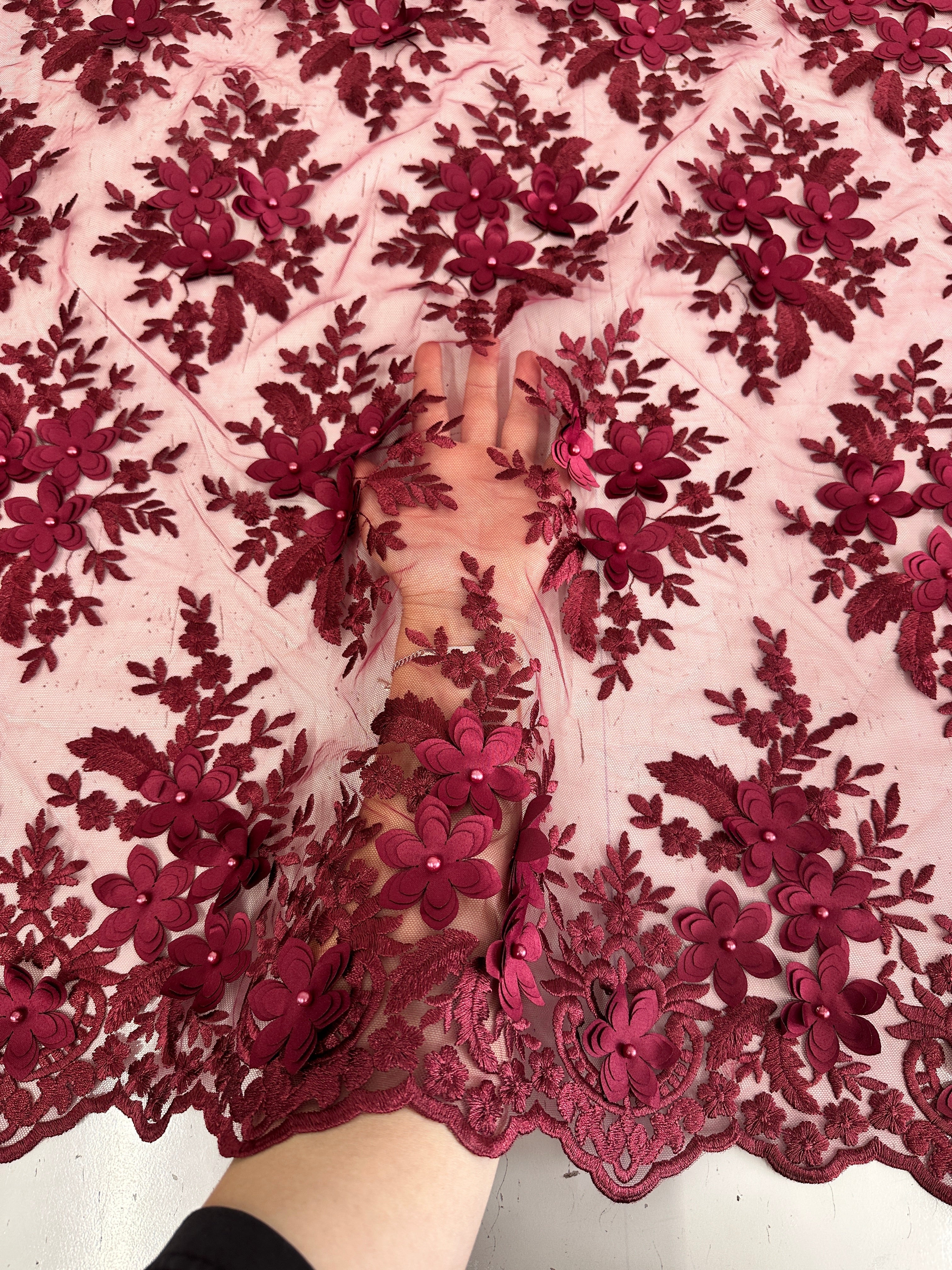 Burgundy 3D Flower Scalloped Mesh Lace - Image 6