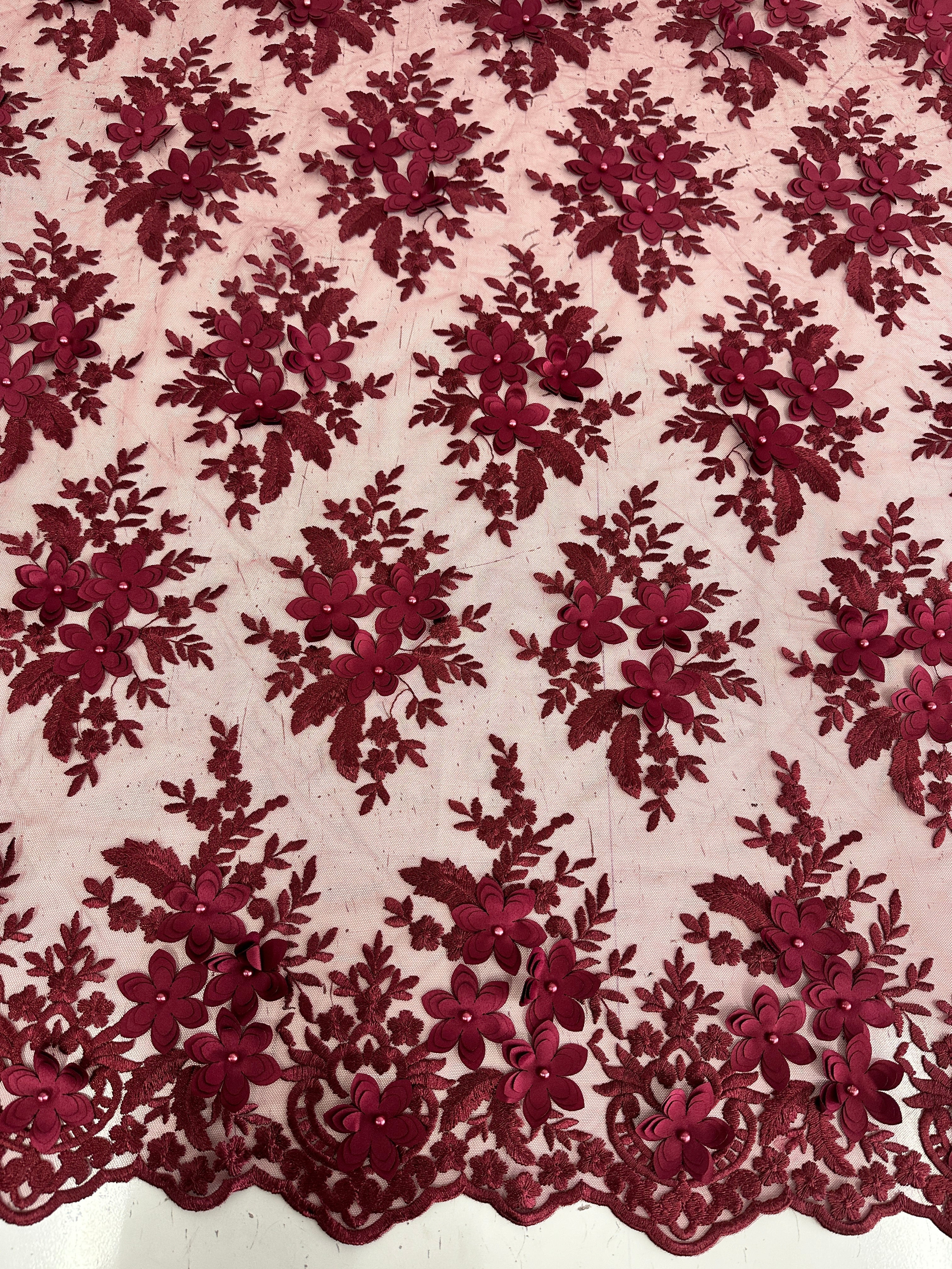 Burgundy 3D Flower Scalloped Mesh Lace - Image 7