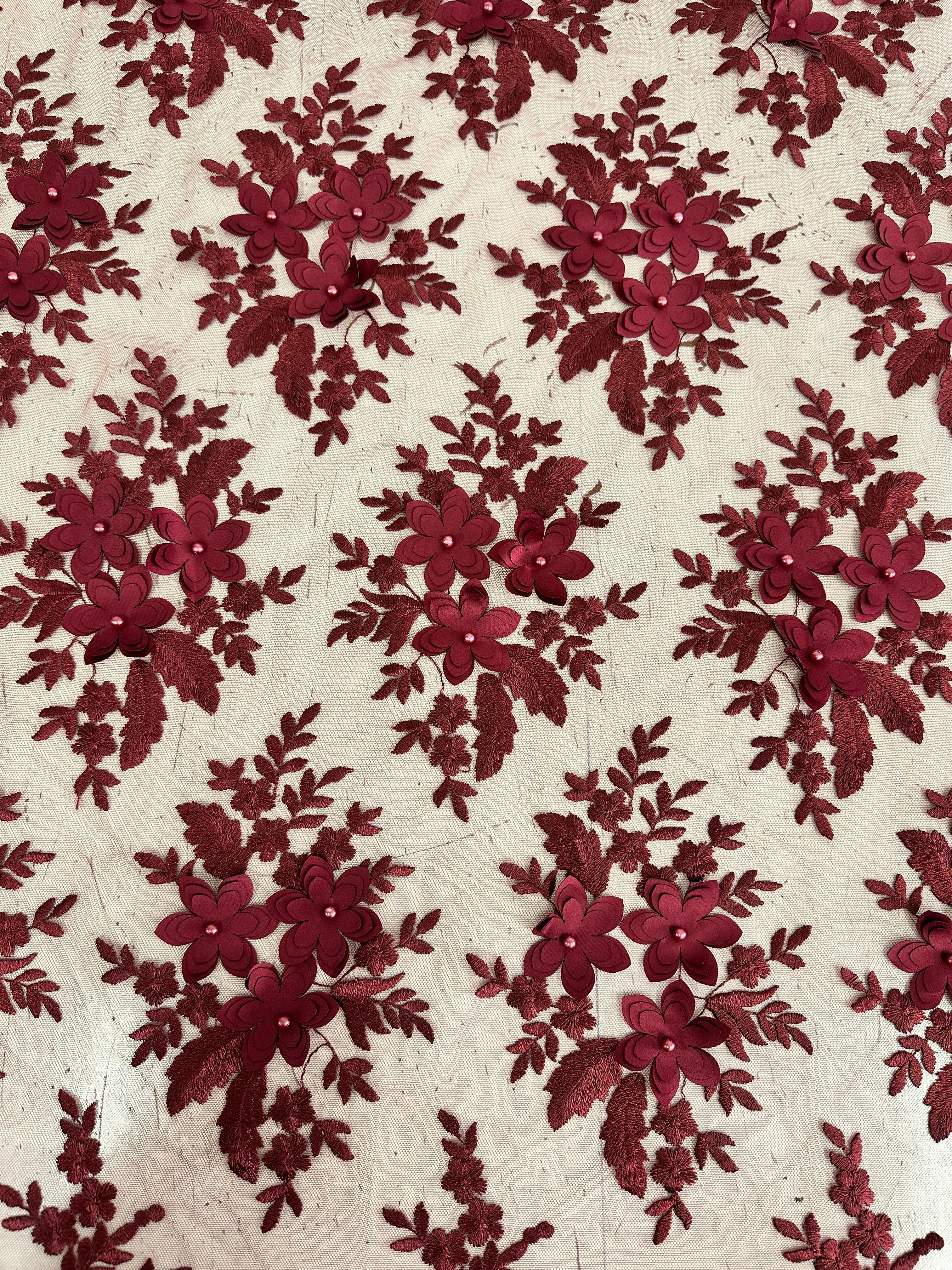 Burgundy 3D Flower Scalloped Mesh Lace - Image 8