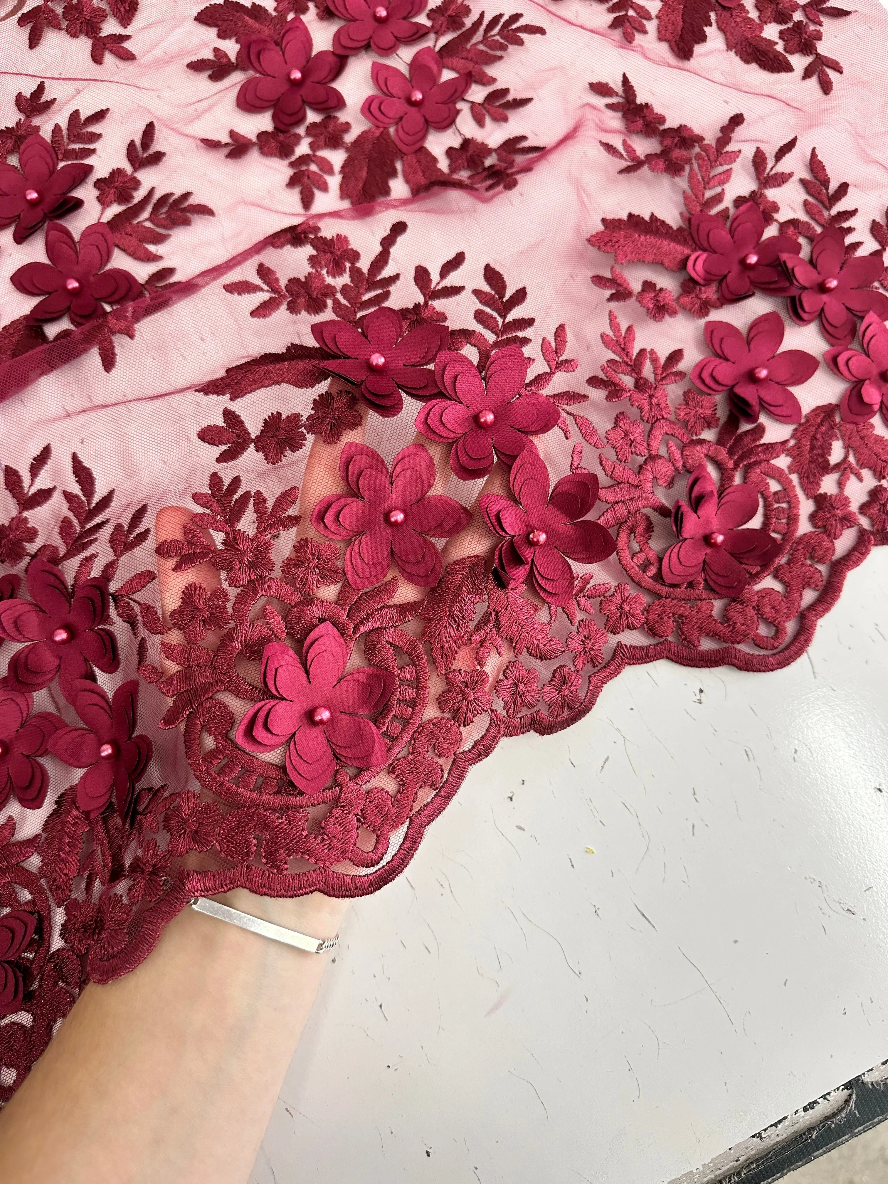 Burgundy 3D Flower Scalloped Mesh Lace - Image 9