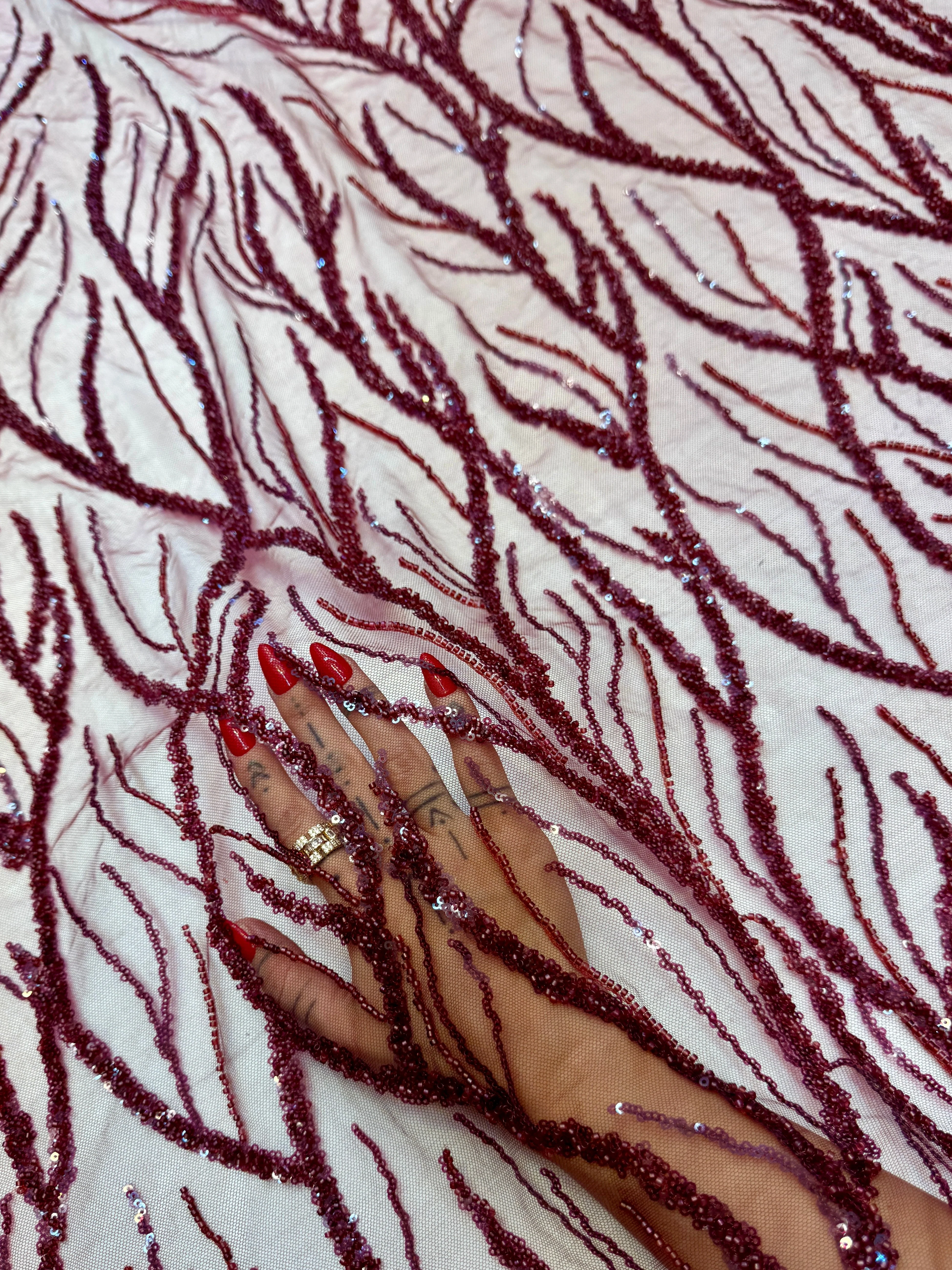 Burgundy Abstract Branch Beaded Sequin Lace on Mesh