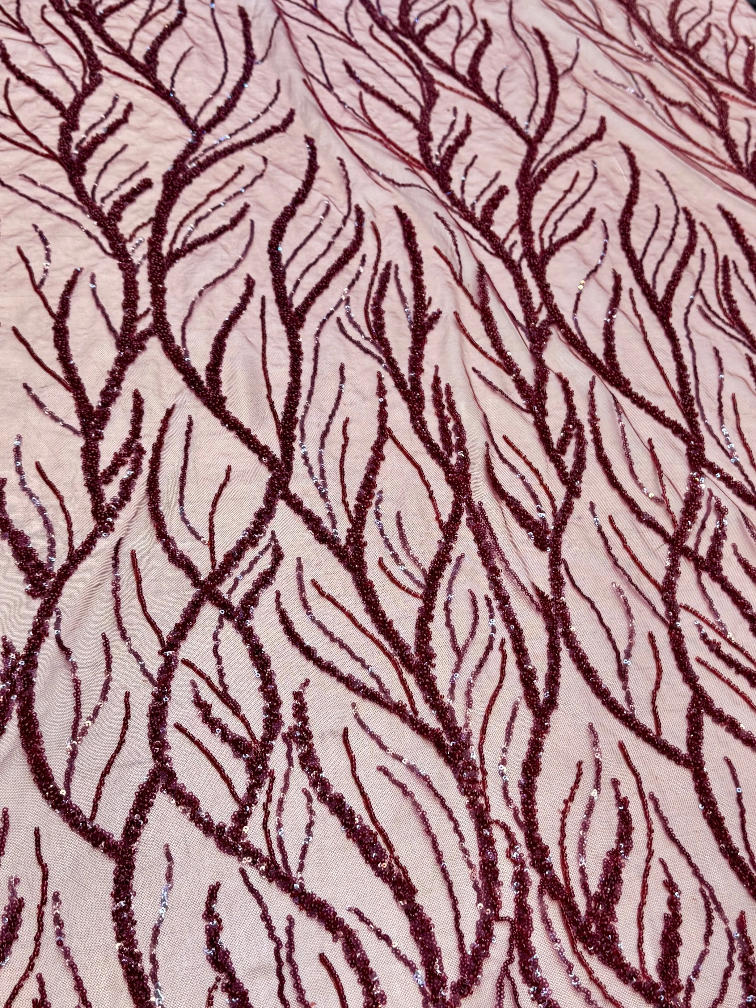 Burgundy Abstract Branch Beaded Sequin Lace on Mesh - Image 4