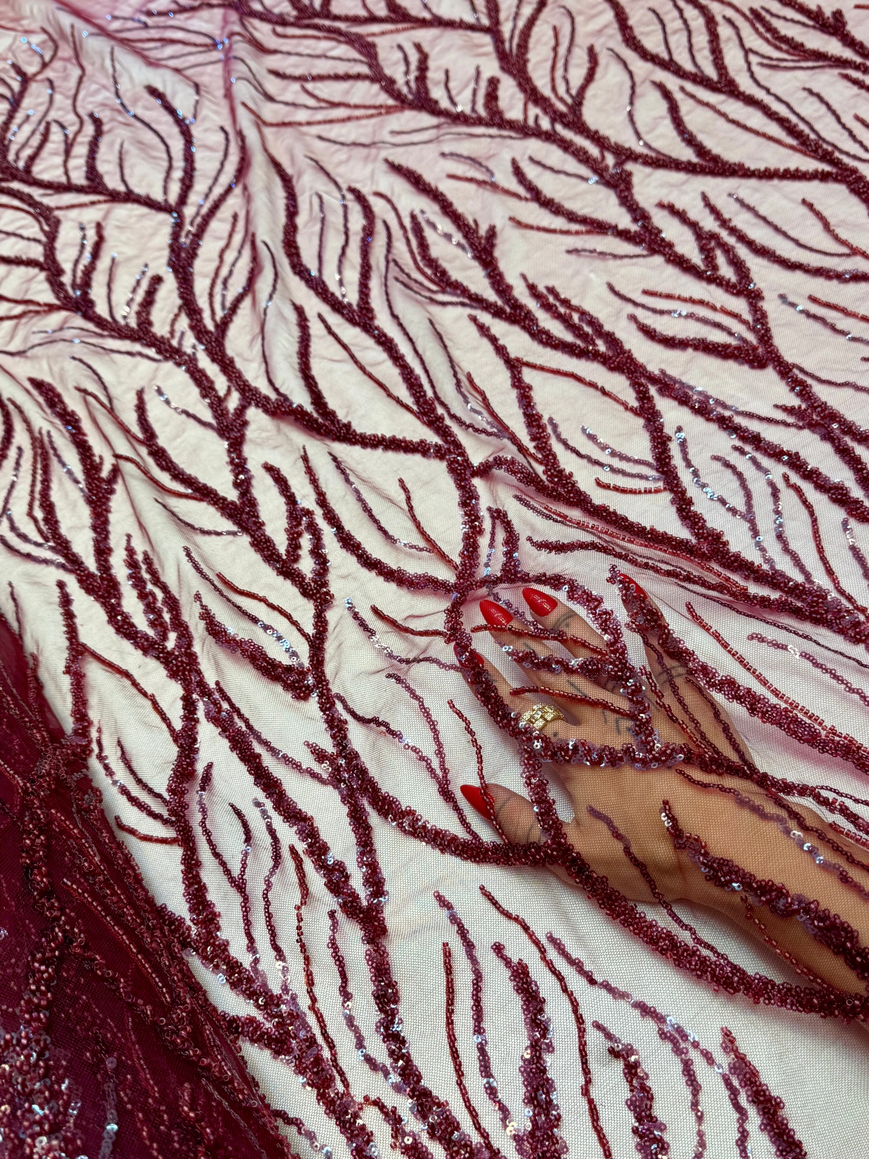 Burgundy Abstract Branch Beaded Sequin Lace on Mesh - Image 5