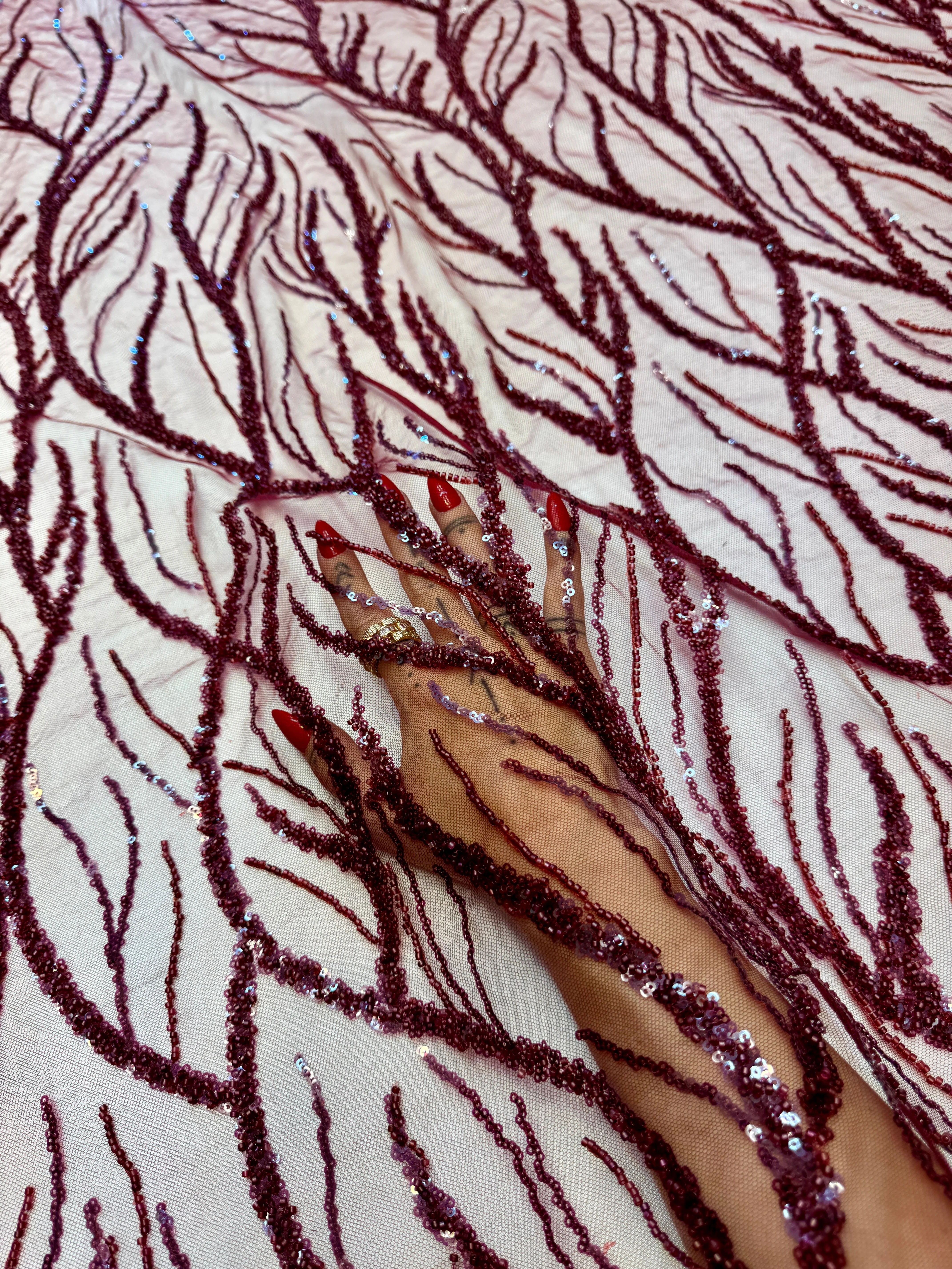 Burgundy Abstract Branch Beaded Sequin Lace on Mesh - Image 6