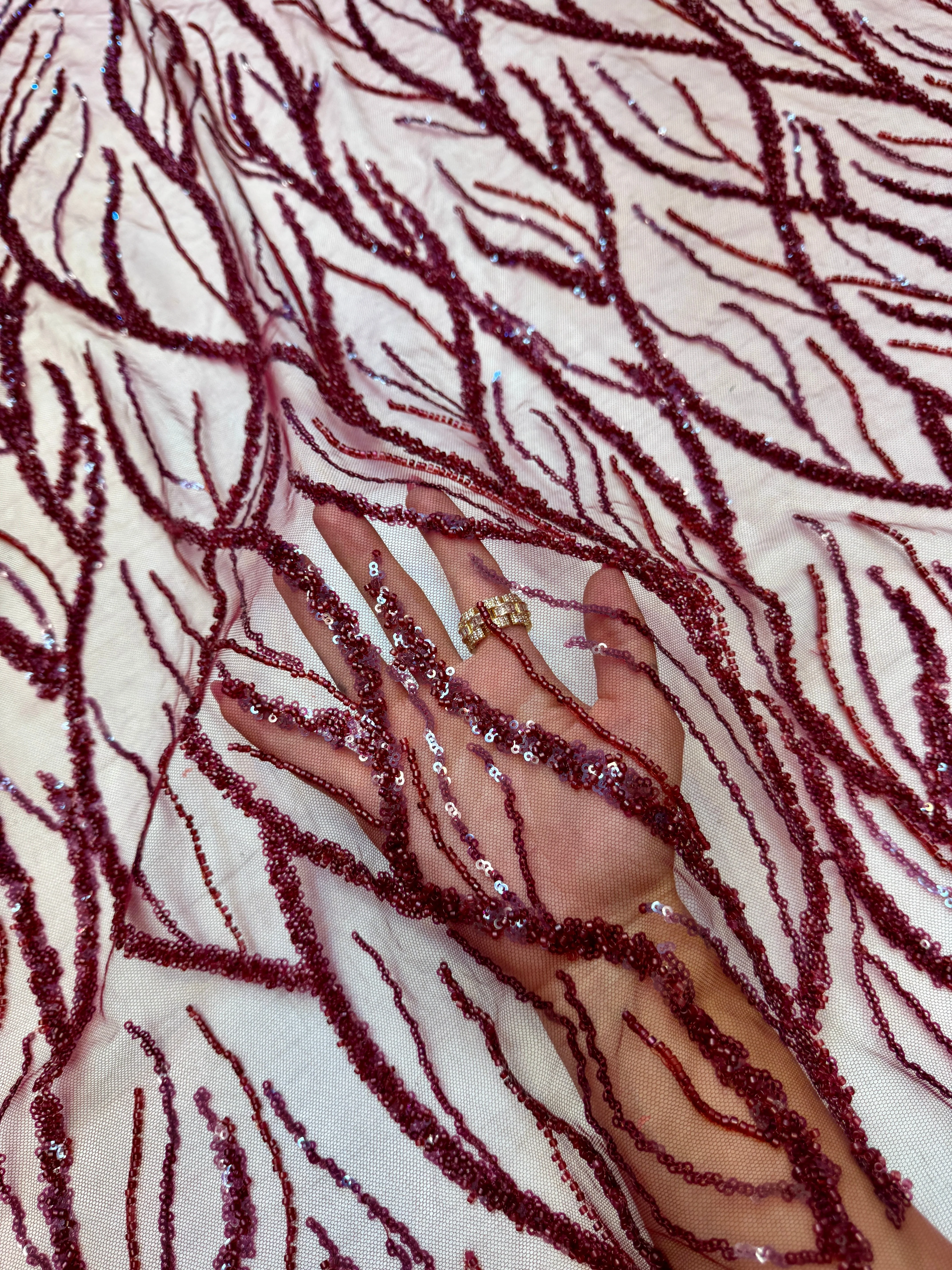 Burgundy Abstract Branch Beaded Sequin Lace on Mesh - Image 7