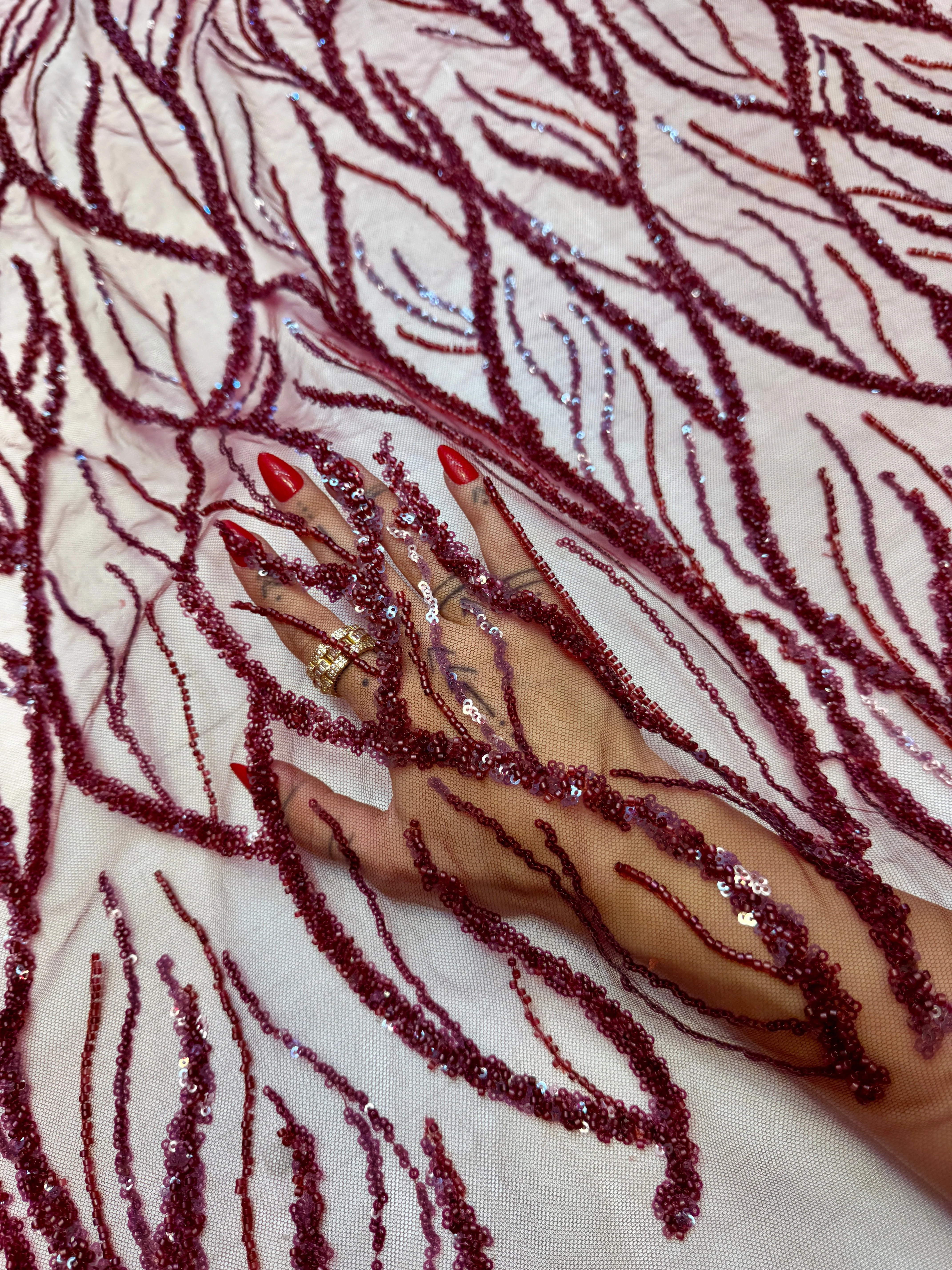 Burgundy Abstract Branch Beaded Sequin Lace on Mesh - Image 8