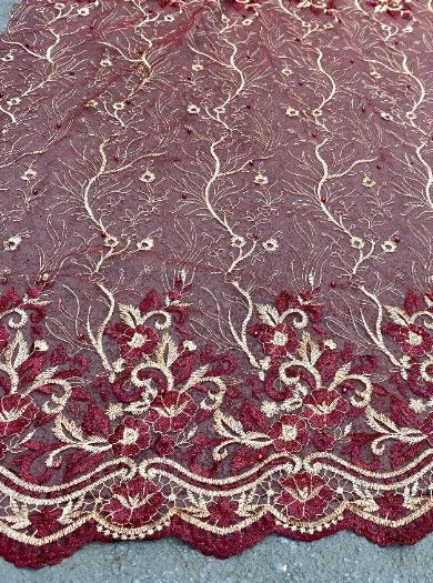 Burgundy Embroidered Glitter Floral Scalloped Lace - Image 3