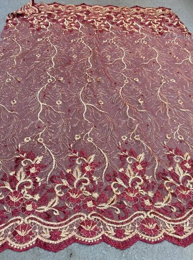 Burgundy Embroidered Glitter Floral Scalloped Lace - Image 4