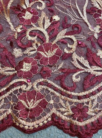Burgundy Embroidered Glitter Floral Scalloped Lace - Image 5