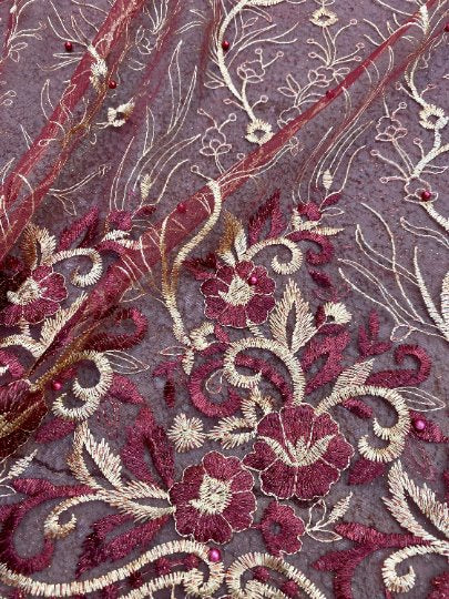 Burgundy Embroidered Glitter Floral Scalloped Lace - Image 6