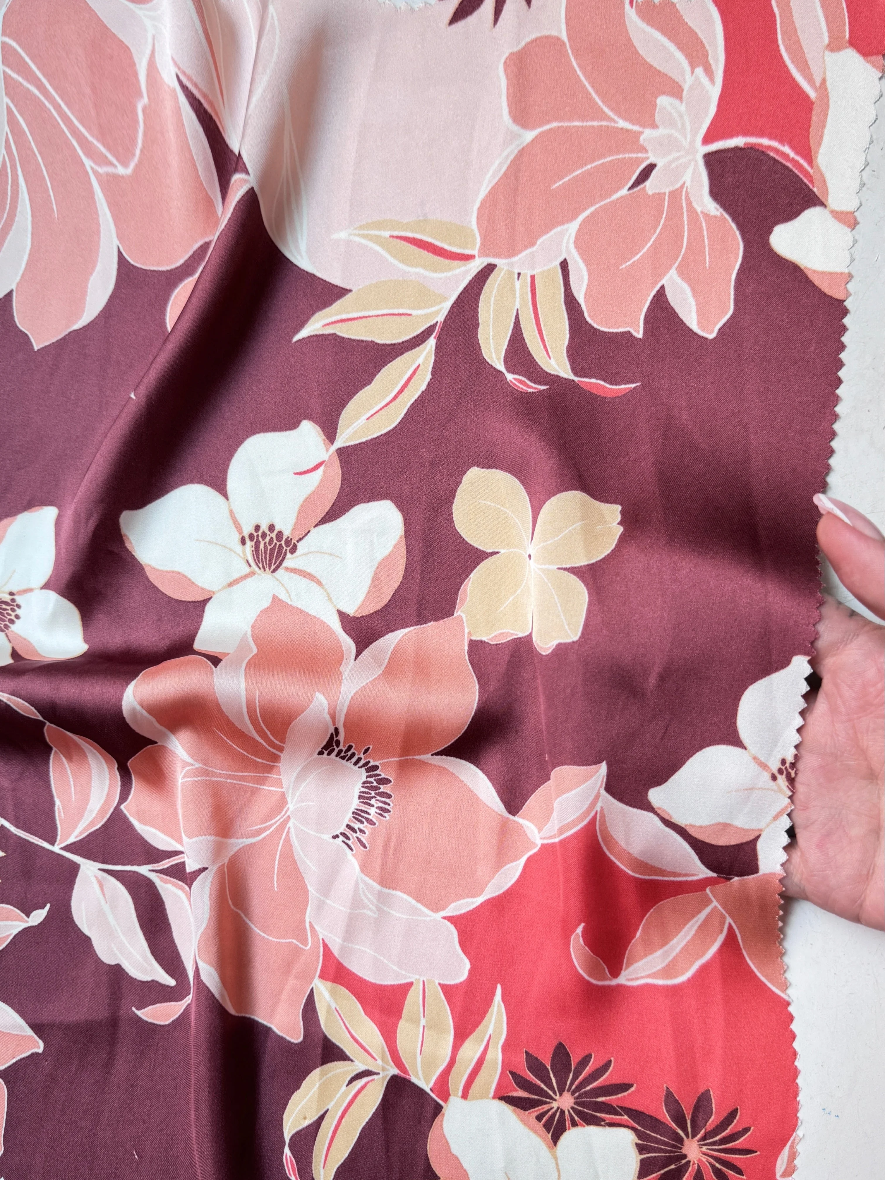 Burgundy Floral Print Satin - Image 3