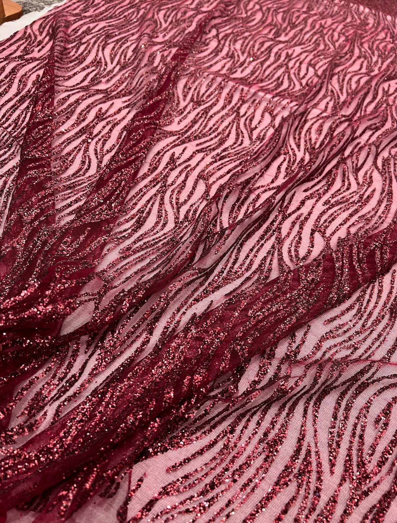 Burgundy Glitter Wave Design Lace - Image 11