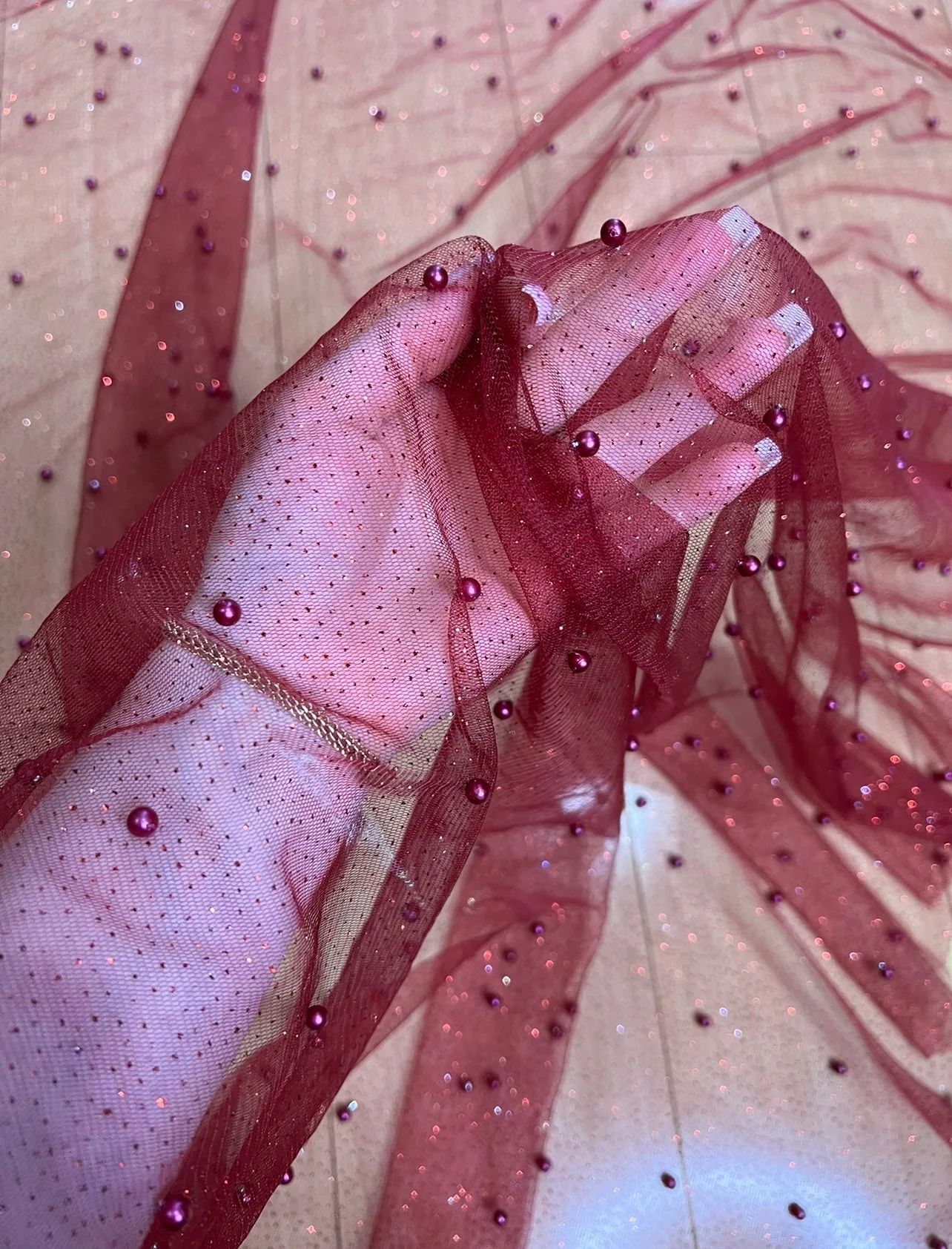 Burgundy Pearl Beaded Glittery Mesh/Tulle