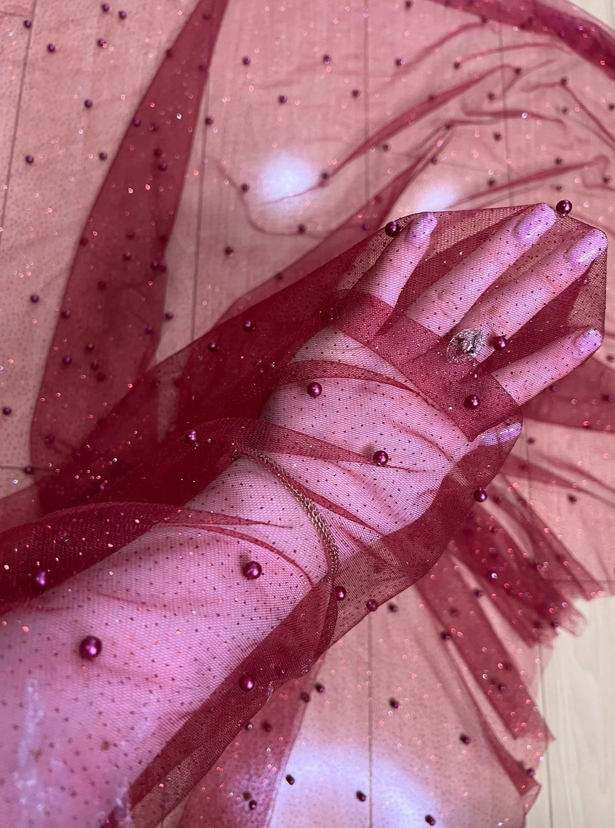 Burgundy Pearl Beaded Glittery Mesh/Tulle - Image 10