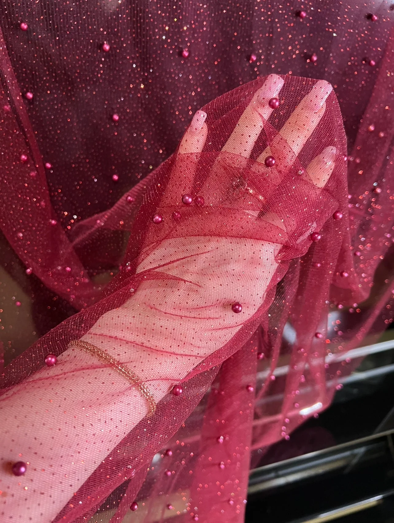 Burgundy Pearl Beaded Glittery Mesh/Tulle - Image 11