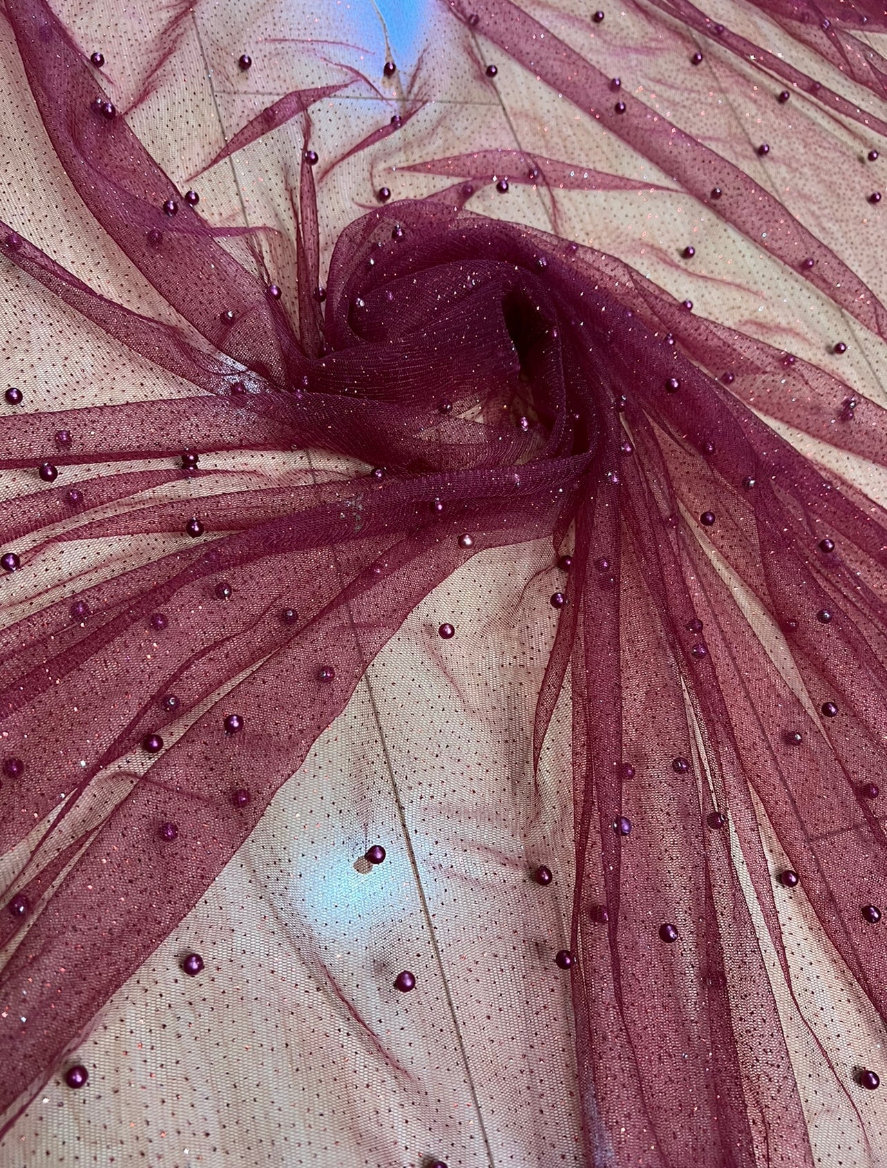 Burgundy Pearl Beaded Glittery Mesh/Tulle - Image 2
