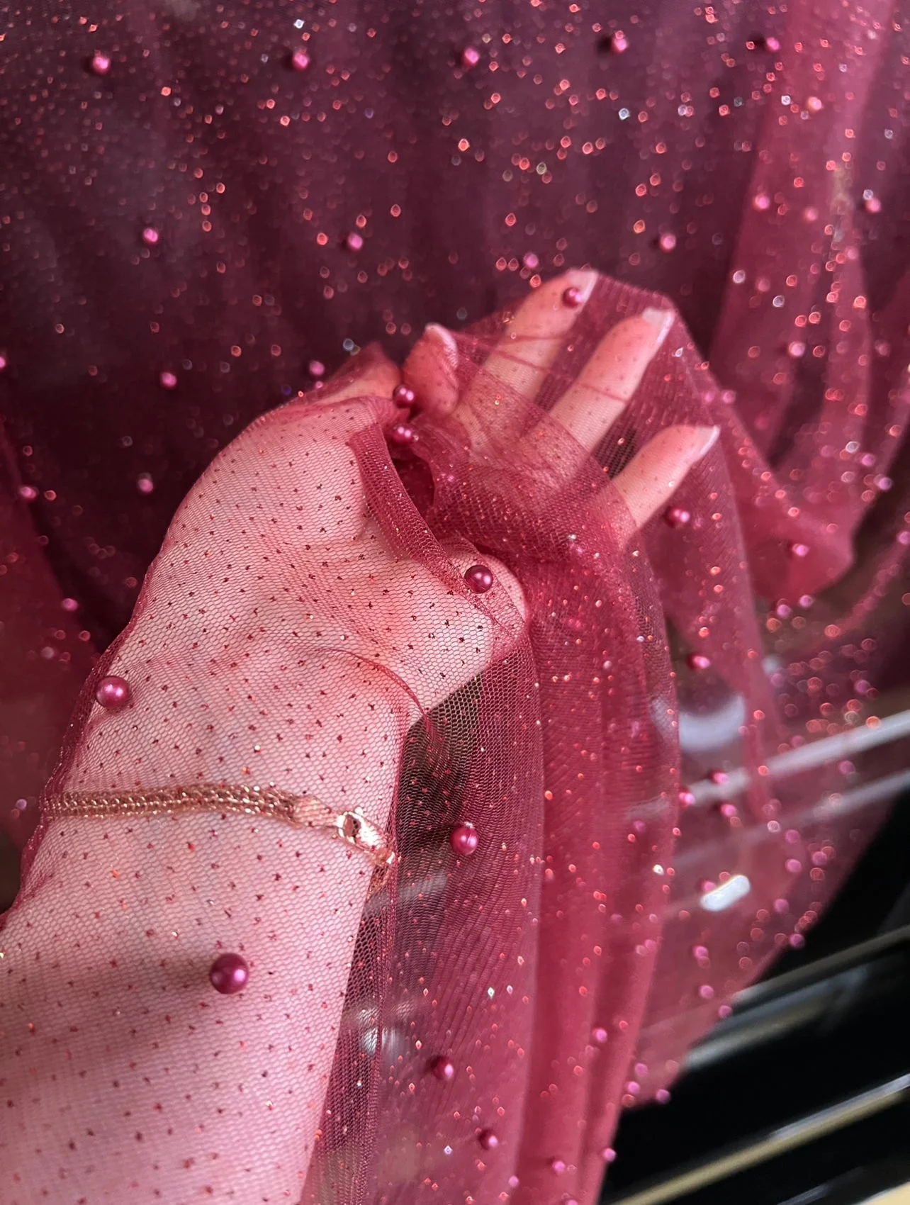 Burgundy Pearl Beaded Glittery Mesh/Tulle - Image 3
