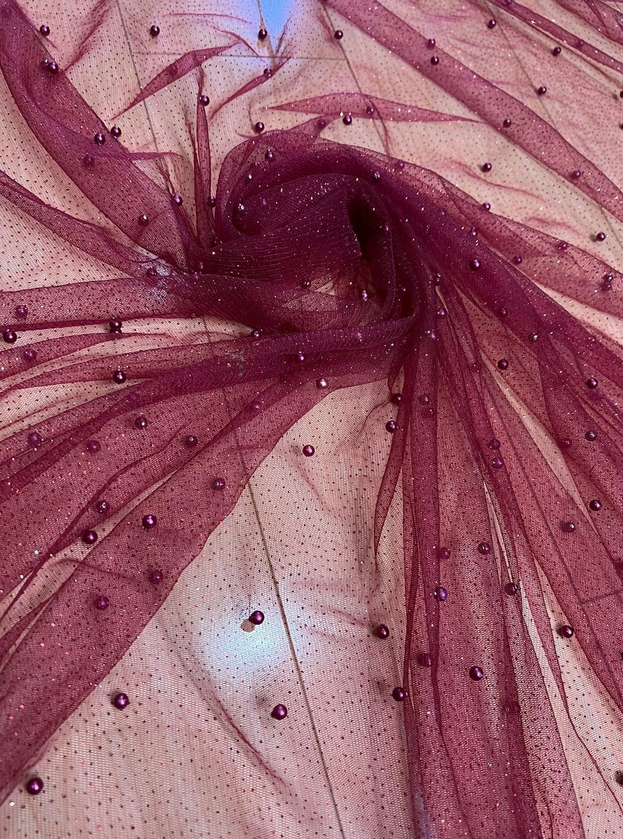 Burgundy Pearl Beaded Glittery Mesh/Tulle - Image 4
