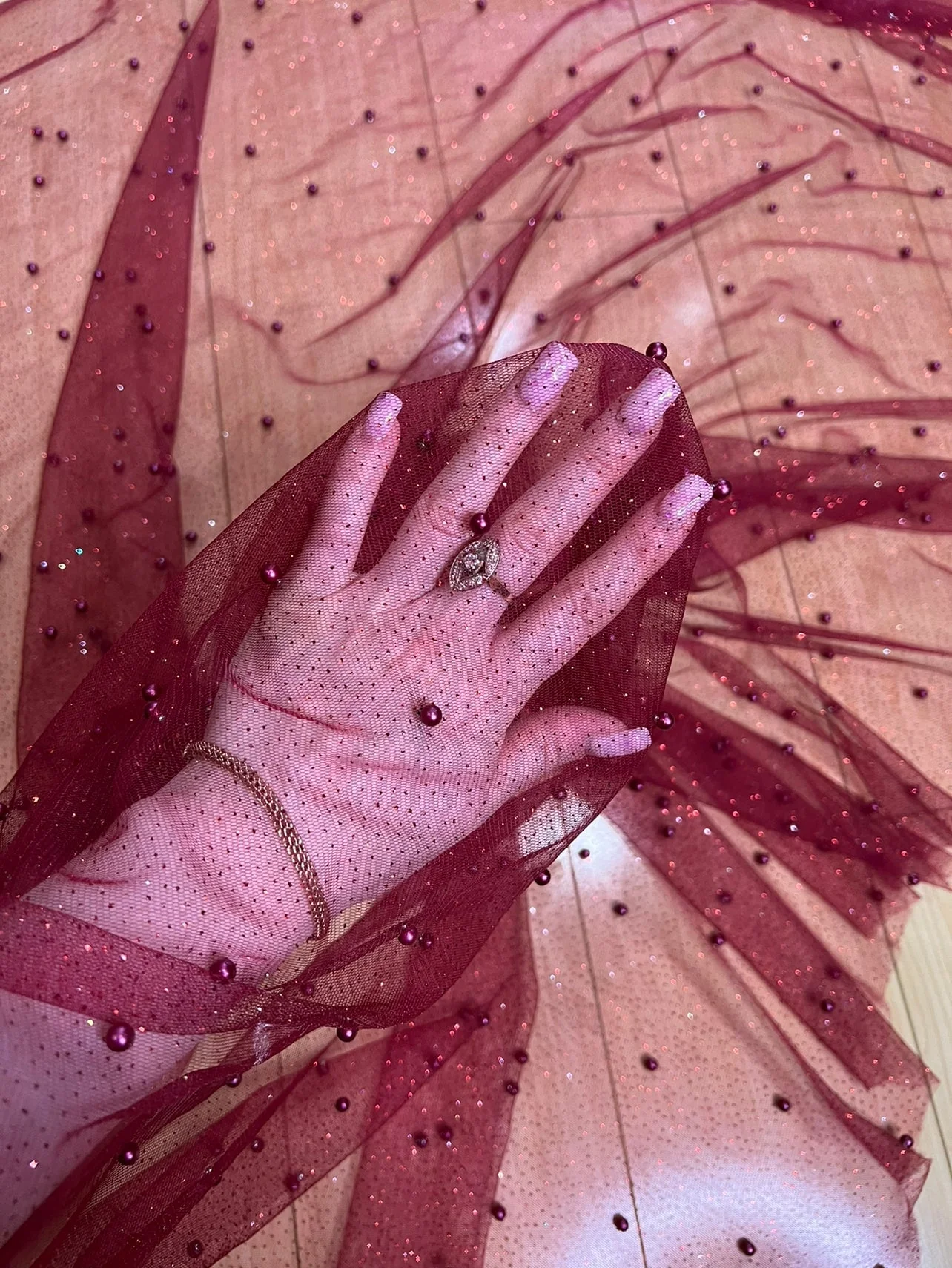 Burgundy Pearl Beaded Glittery Mesh/Tulle - Image 5