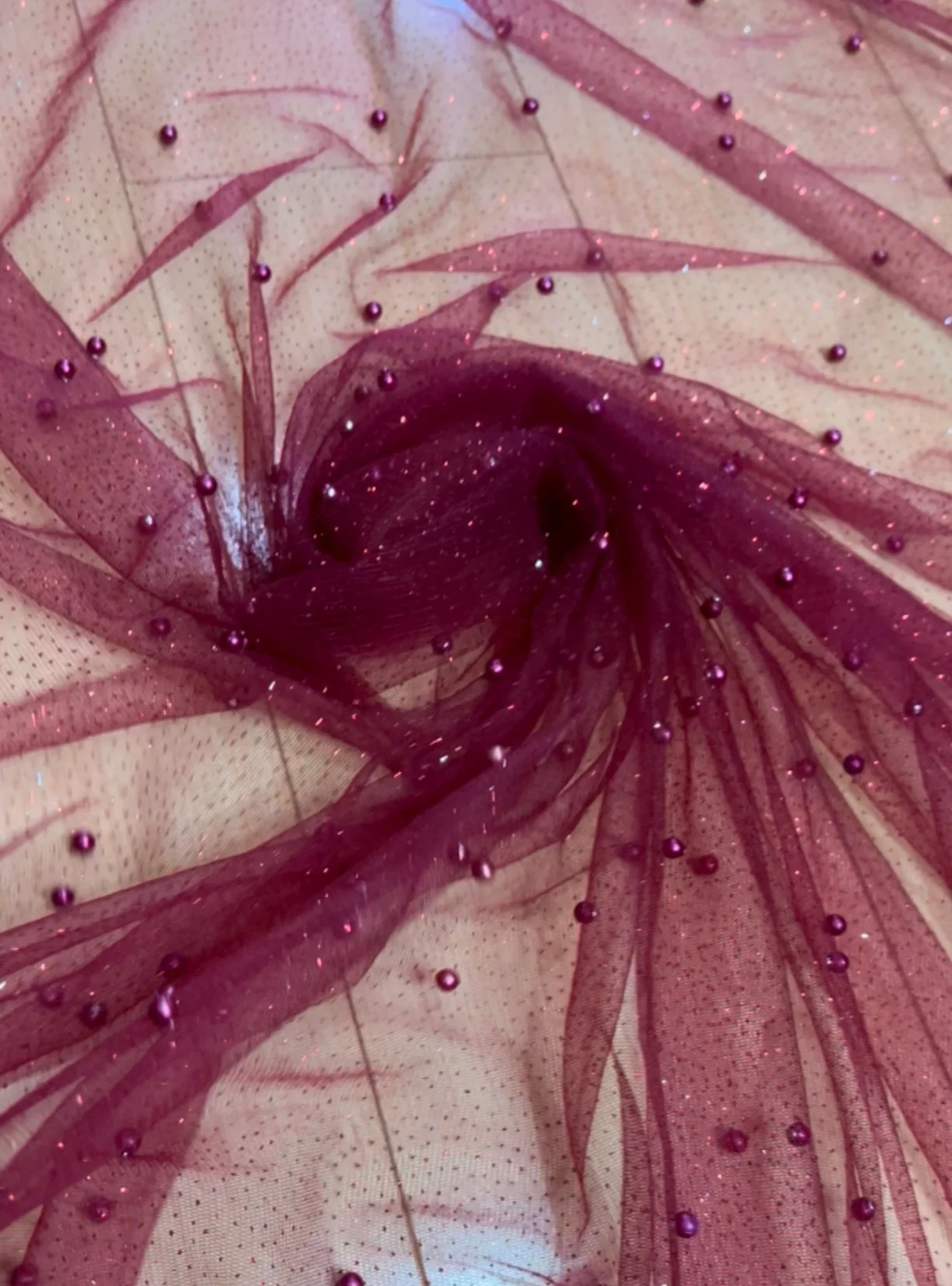 Burgundy Pearl Beaded Glittery Mesh/Tulle - Image 6