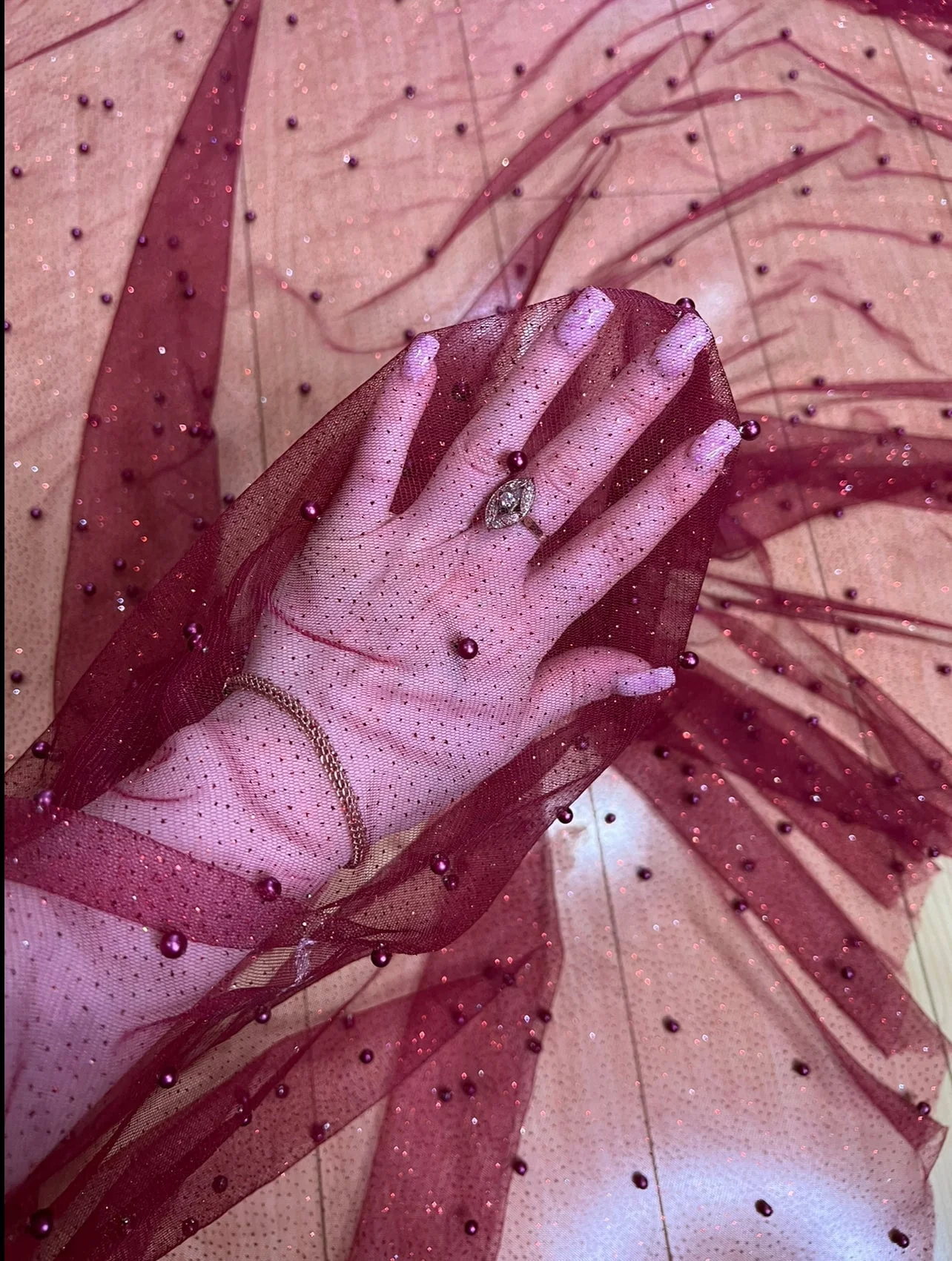 Burgundy Pearl Beaded Glittery Mesh/Tulle - Image 7