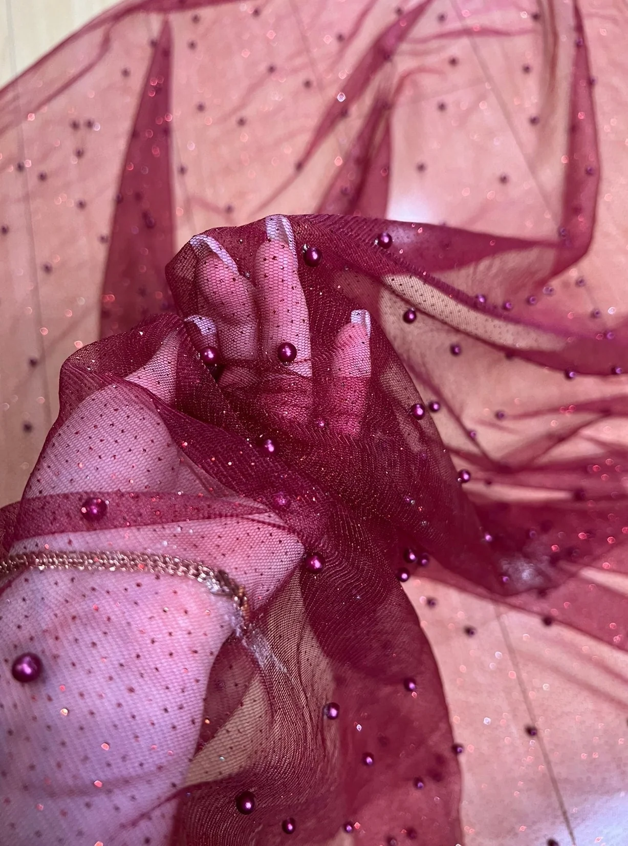 Burgundy Pearl Beaded Glittery Mesh/Tulle - Image 8