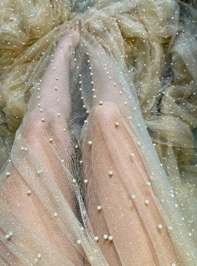 Champagne Pearl Beaded Glittery Mesh/Tulle - Image 2