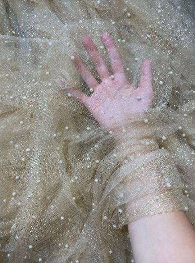 Champagne Pearl Beaded Glittery Mesh/Tulle - Image 3