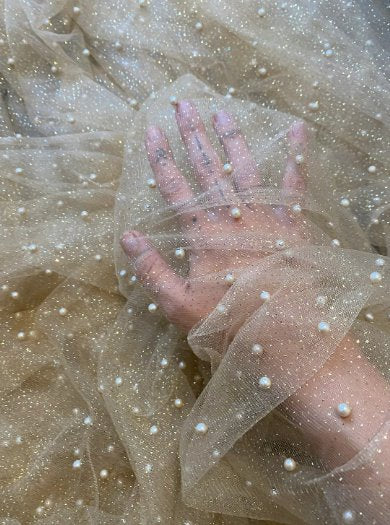 Champagne Pearl Beaded Glittery Mesh/Tulle - Image 4
