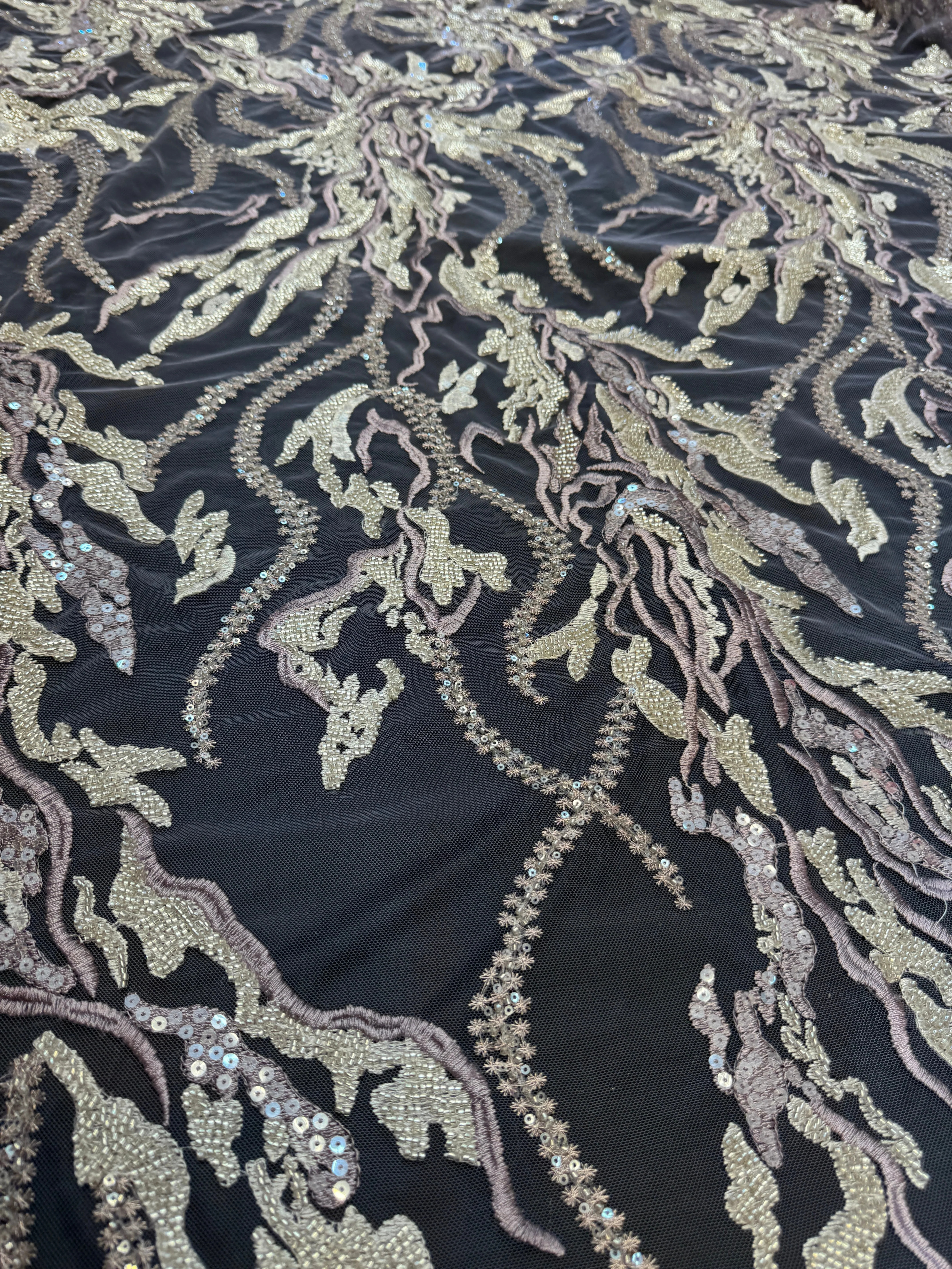 Champagne-Lilac Abstract Leaf Beaded Sequin Lace - Image 2