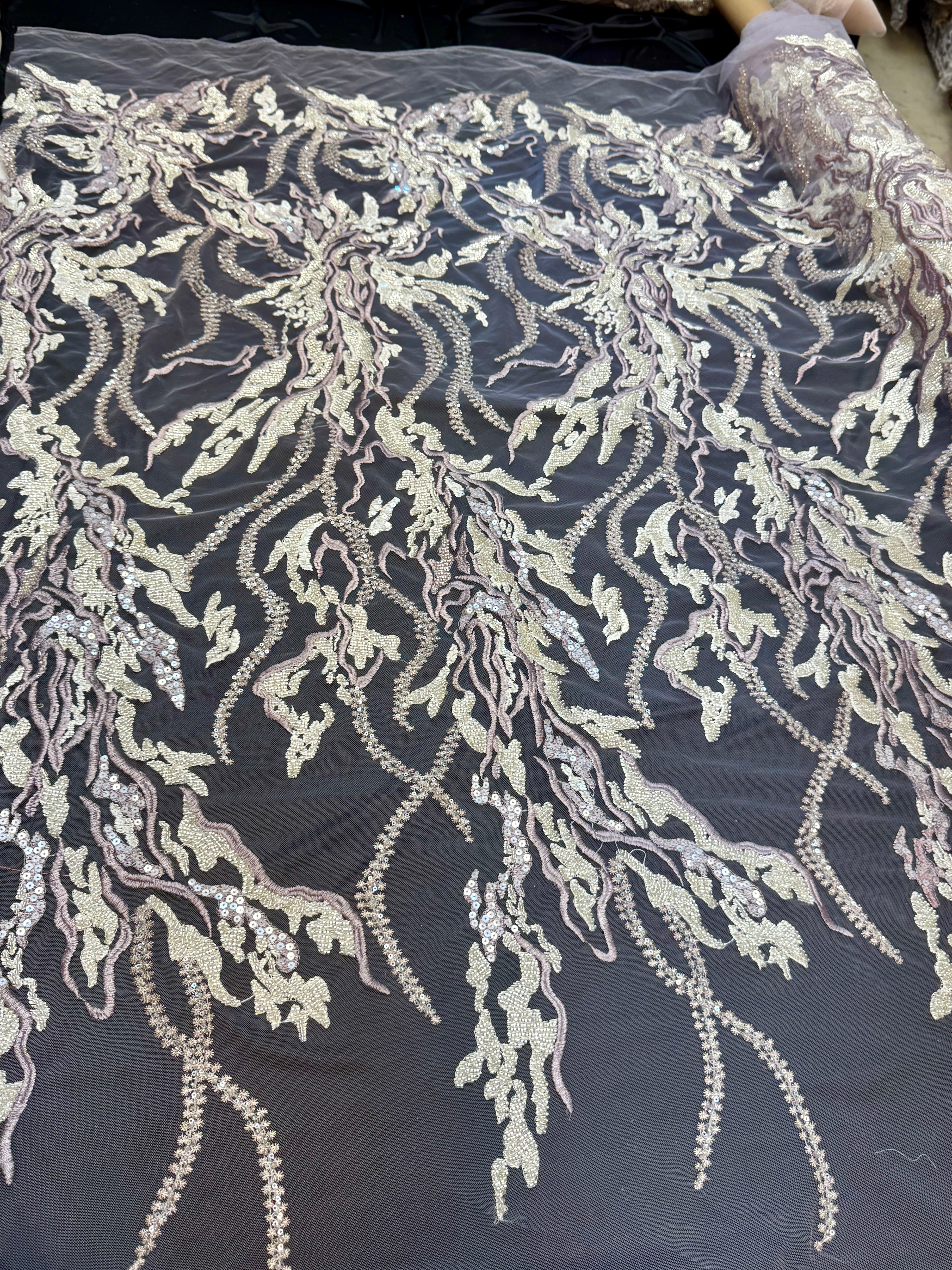 Champagne-Lilac Abstract Leaf Beaded Sequin Lace - Image 3