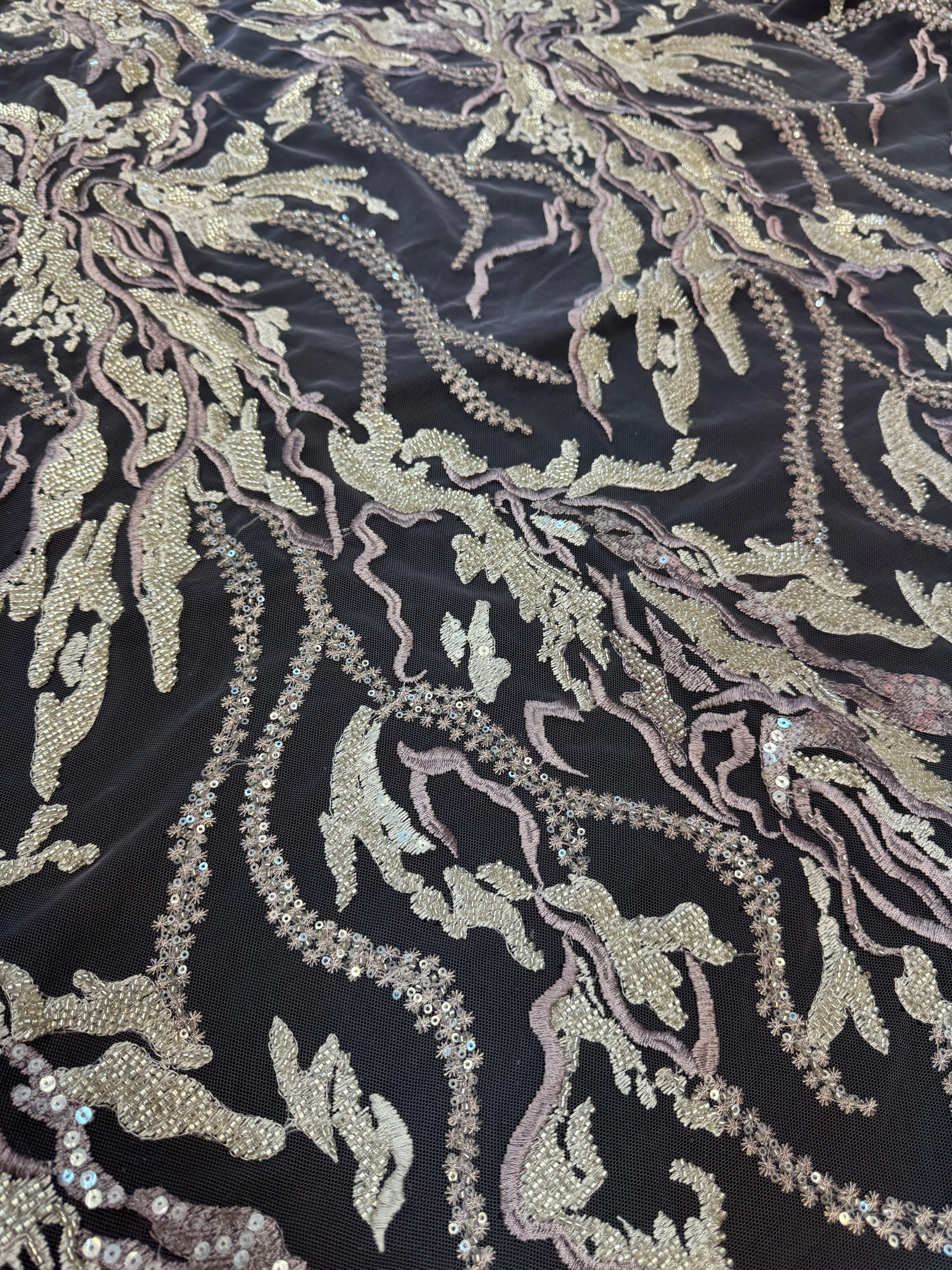 Champagne-Lilac Abstract Leaf Beaded Sequin Lace - Image 4