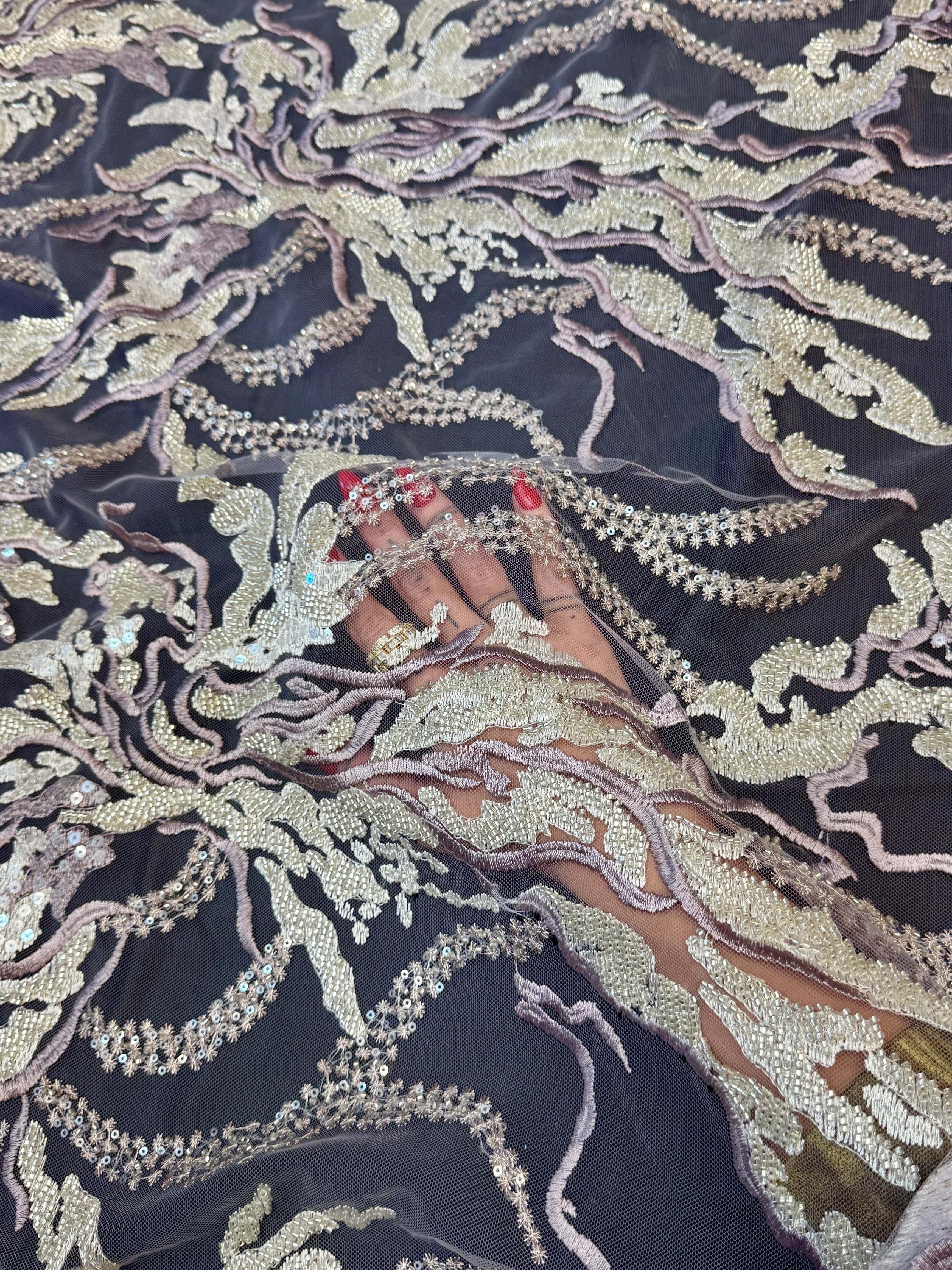 Champagne-Lilac Abstract Leaf Beaded Sequin Lace - Image 5