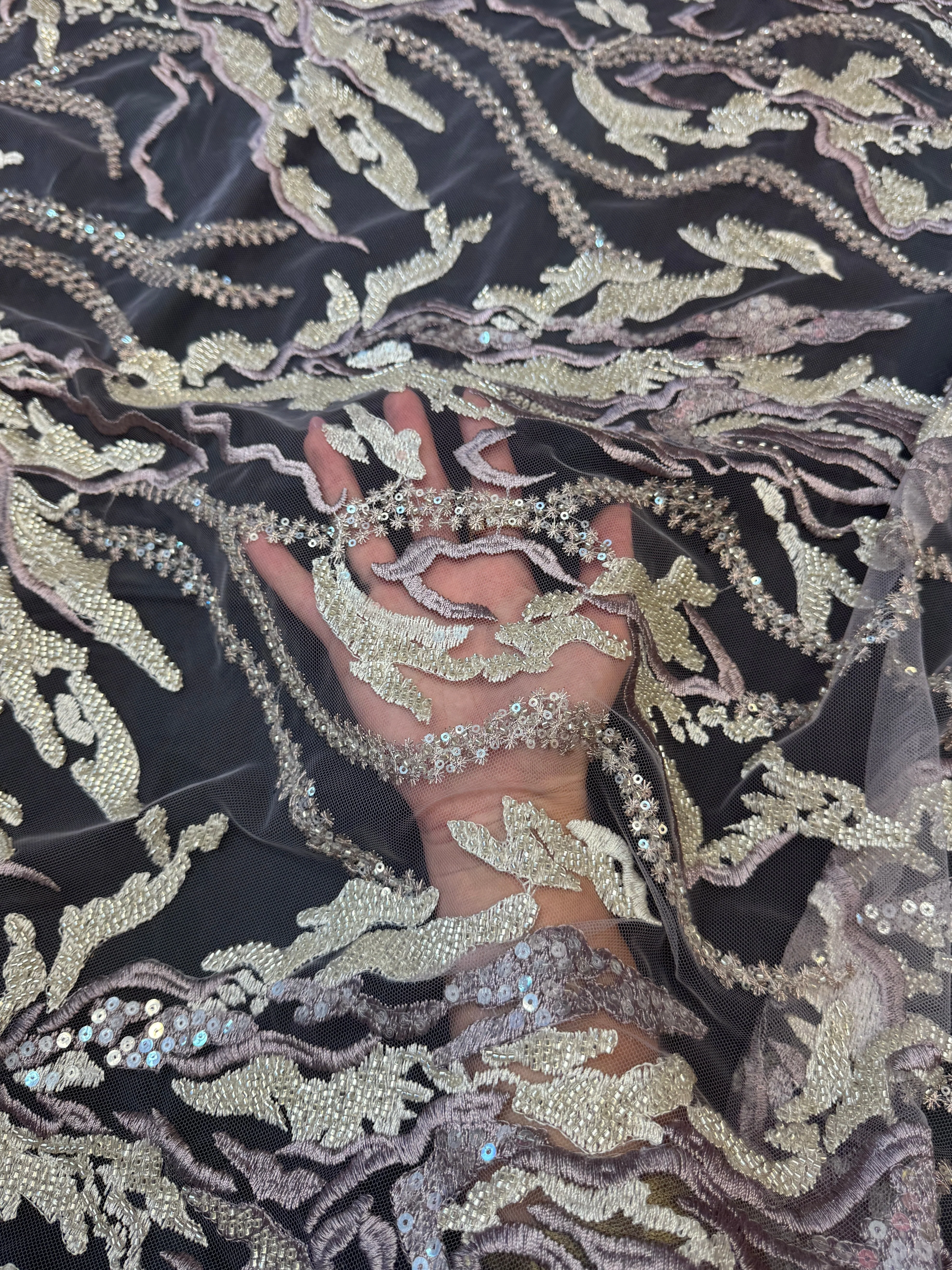 Champagne-Lilac Abstract Leaf Beaded Sequin Lace - Image 7