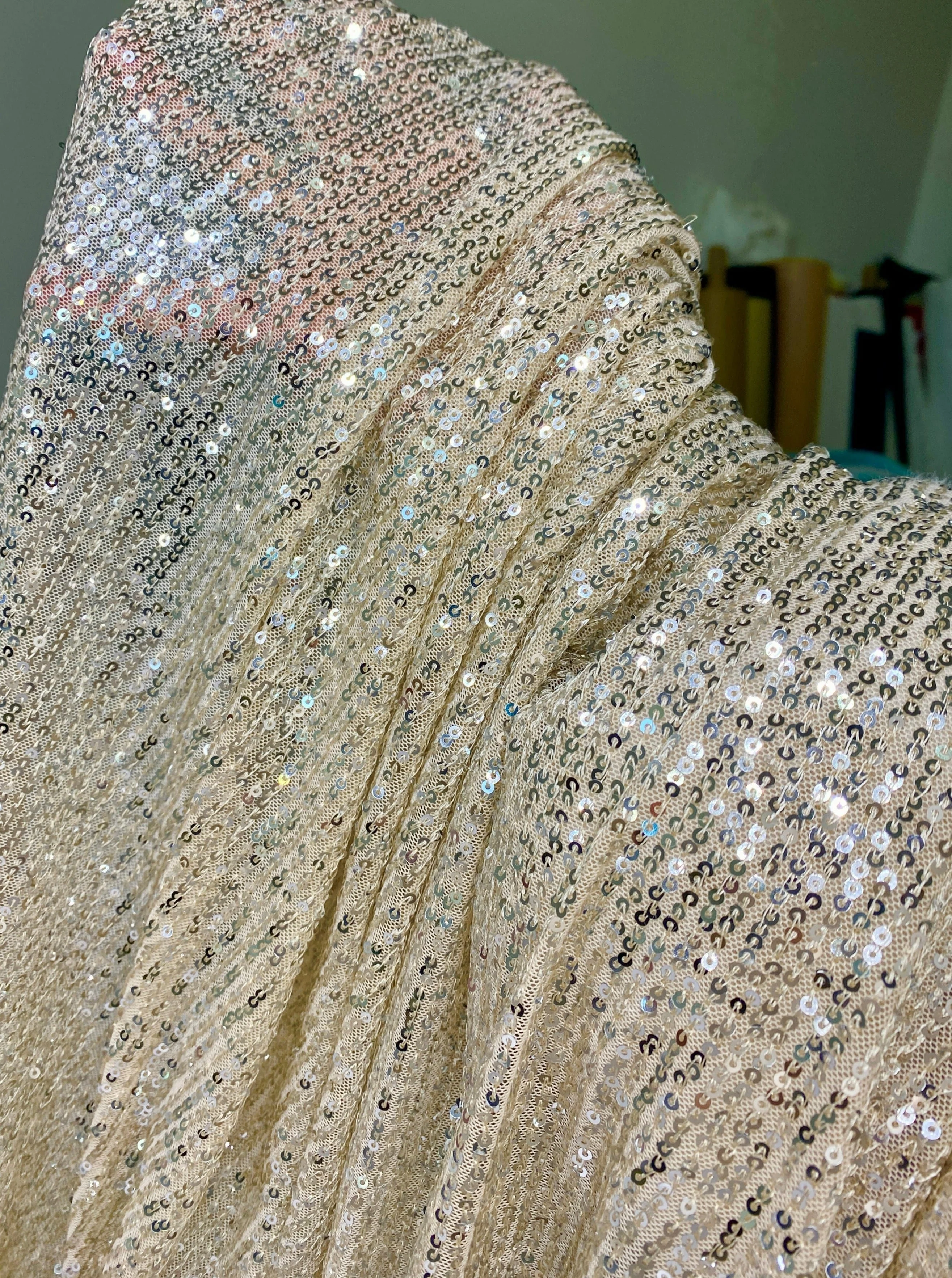 Champagne Striped Stretch Sequin on Mesh