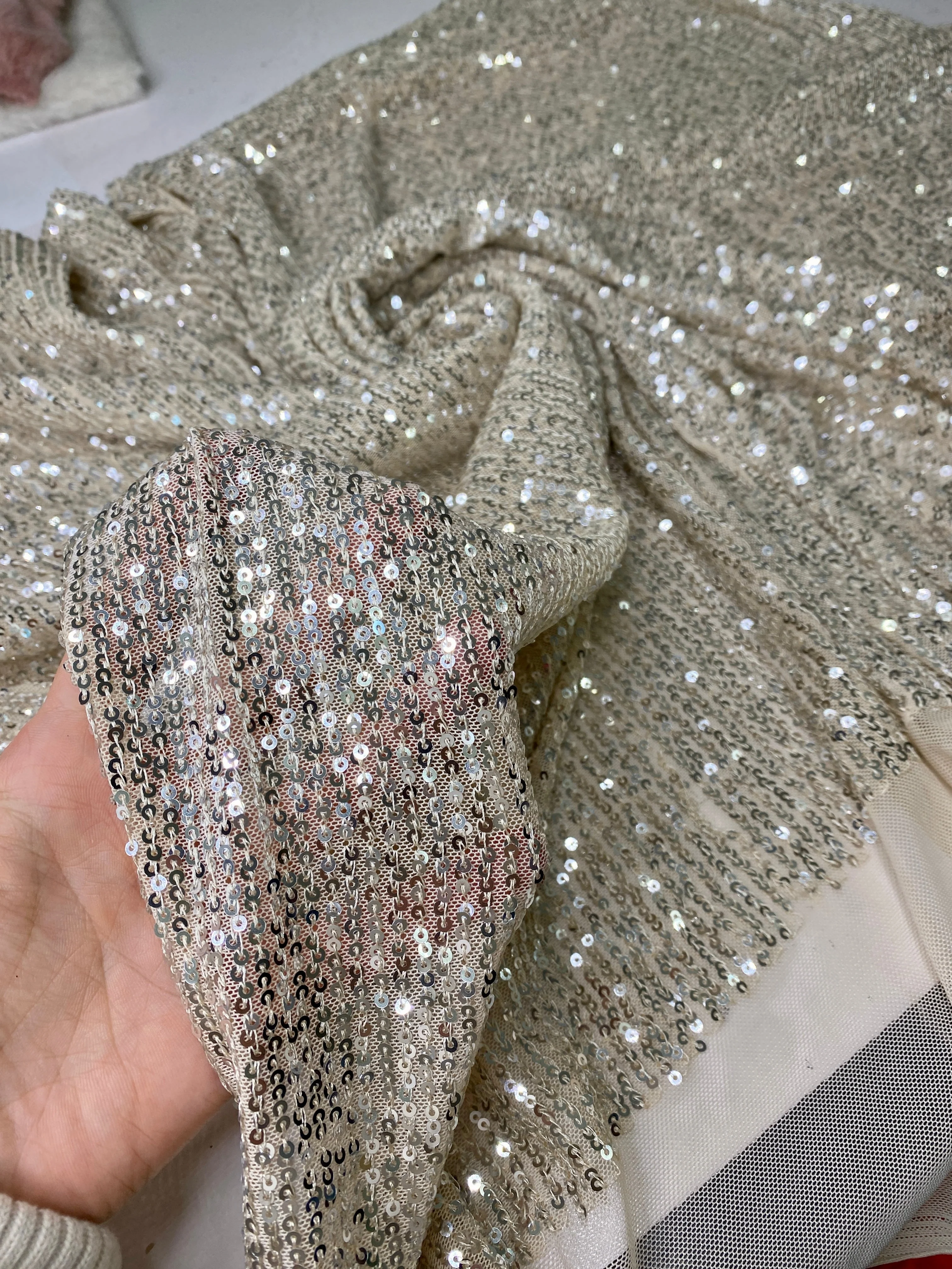 Champagne Striped Stretch Sequin on Mesh - Image 4