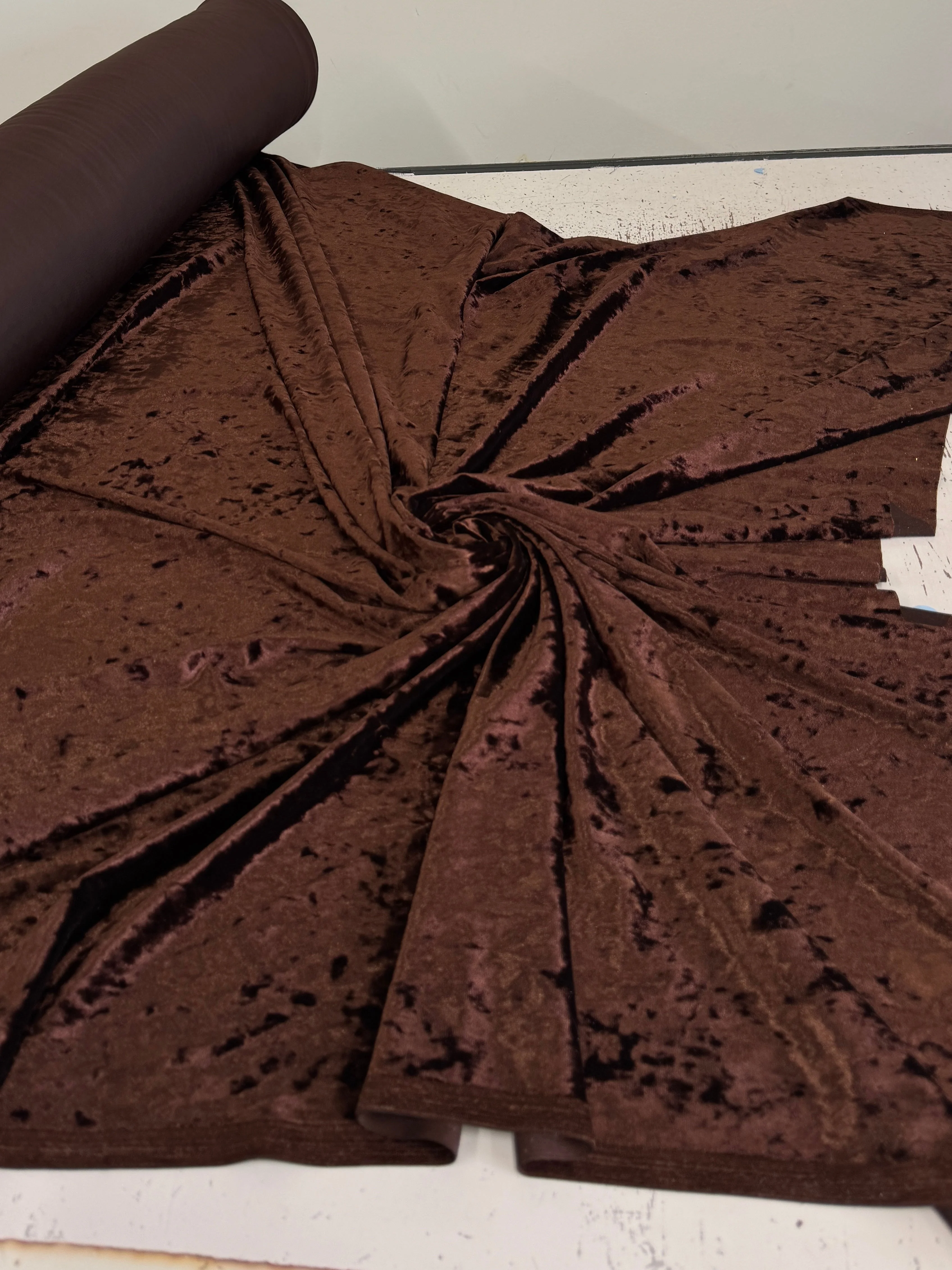 Chocolate Brown Stretch Crushed Velvet - Image 4