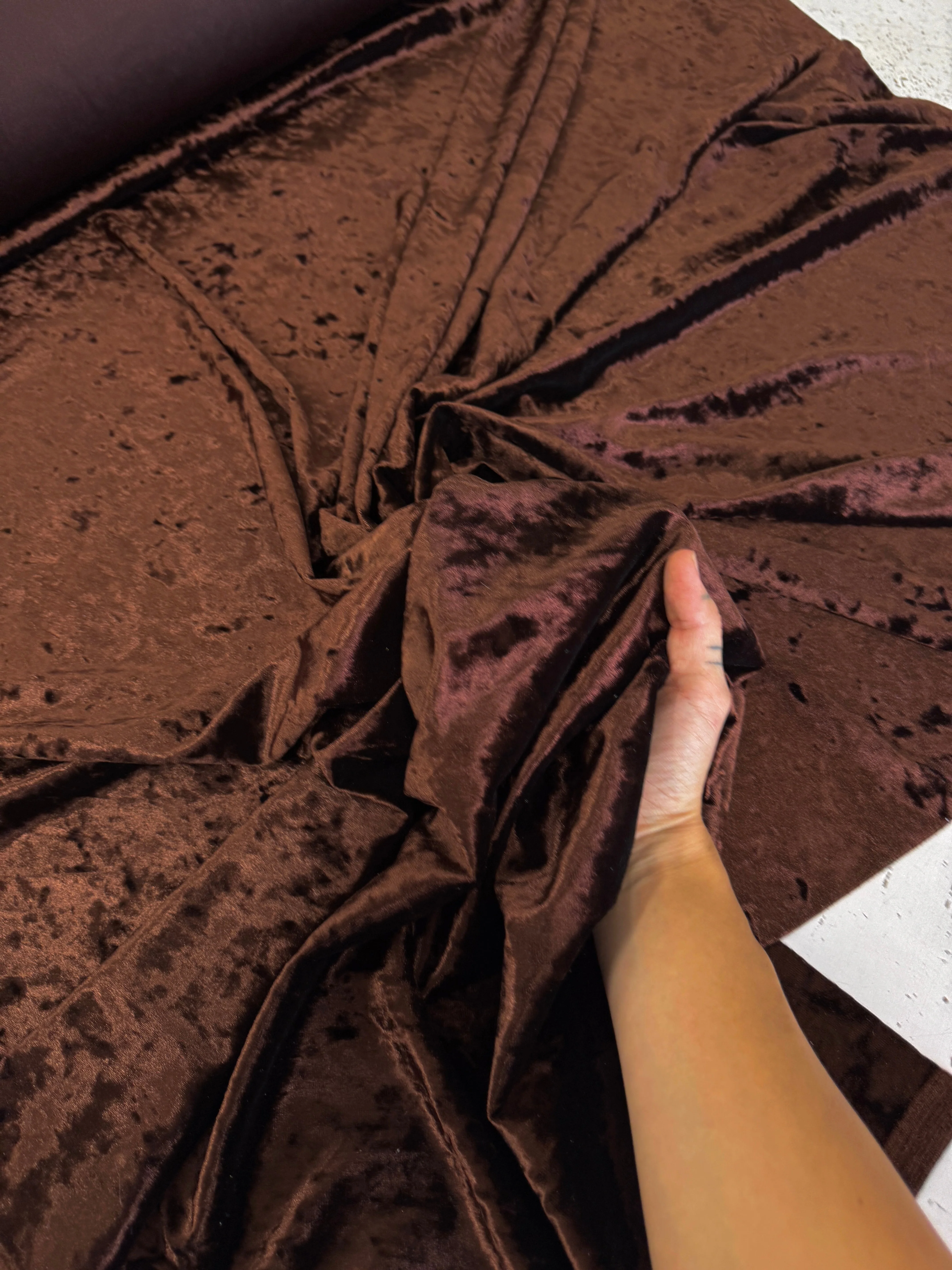 Chocolate Brown Stretch Crushed Velvet - Image 6