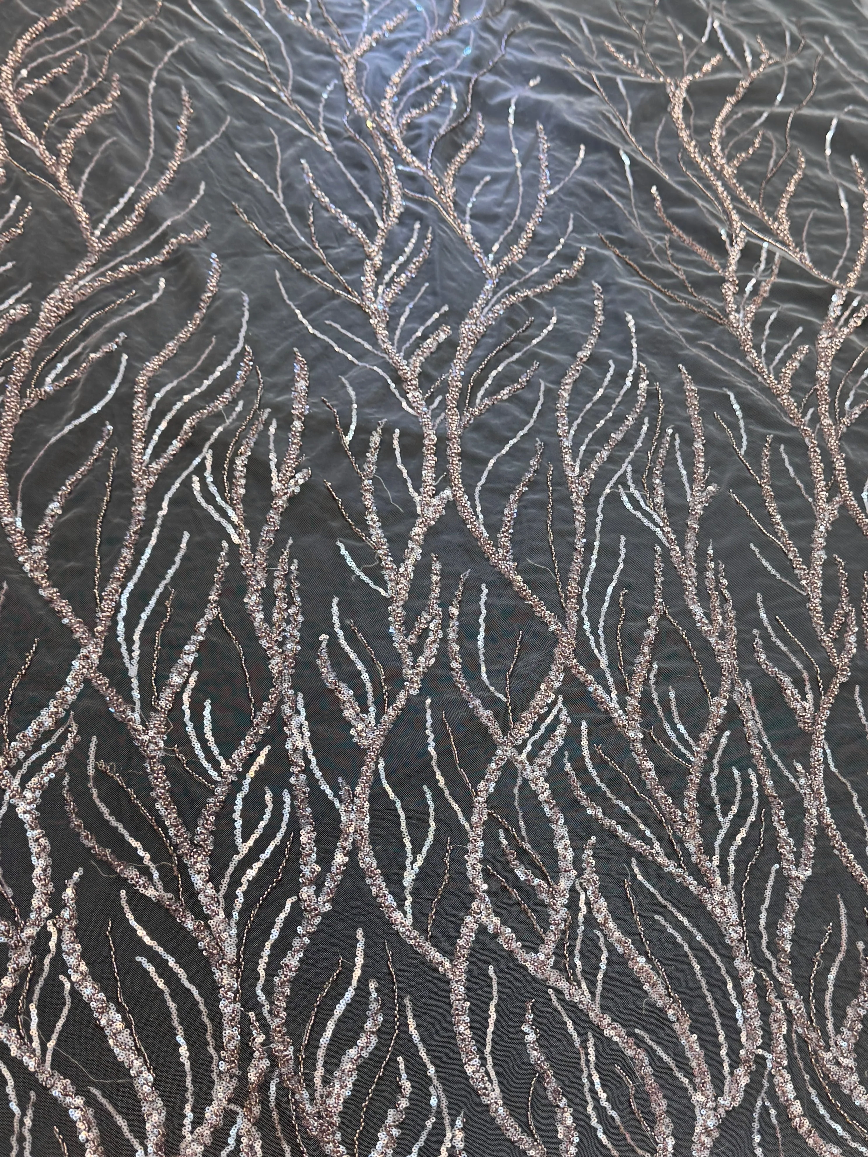 Dusty Pink Abstract Branch Beaded Sequin Lace on Mesh - Image 3